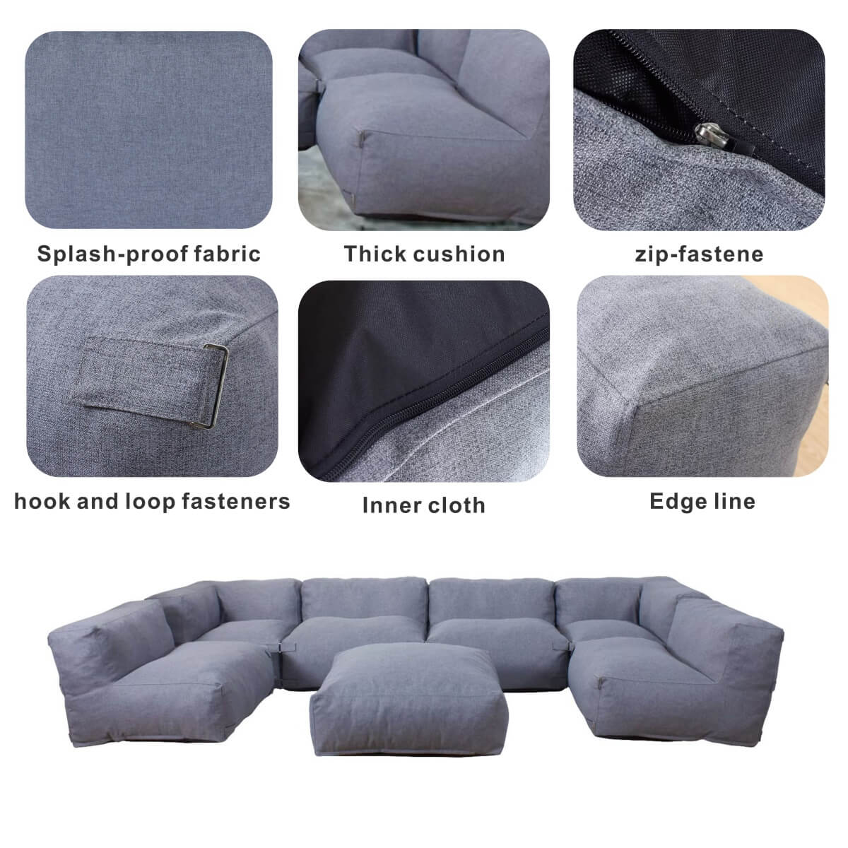 7-Piece Lavender Grey Modular Lazy Sofa Set – Indoor & Outdoor Compressible Sectional with Removable Washable Covers (PAS-2468-SET) - Direct Wicker