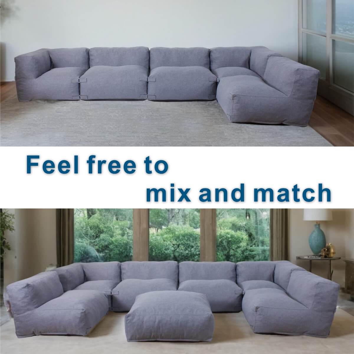 7-Piece Lavender Grey Modular Lazy Sofa Set – Indoor & Outdoor Compressible Sectional with Removable Washable Covers (PAS-2468-SET) - Direct Wicker