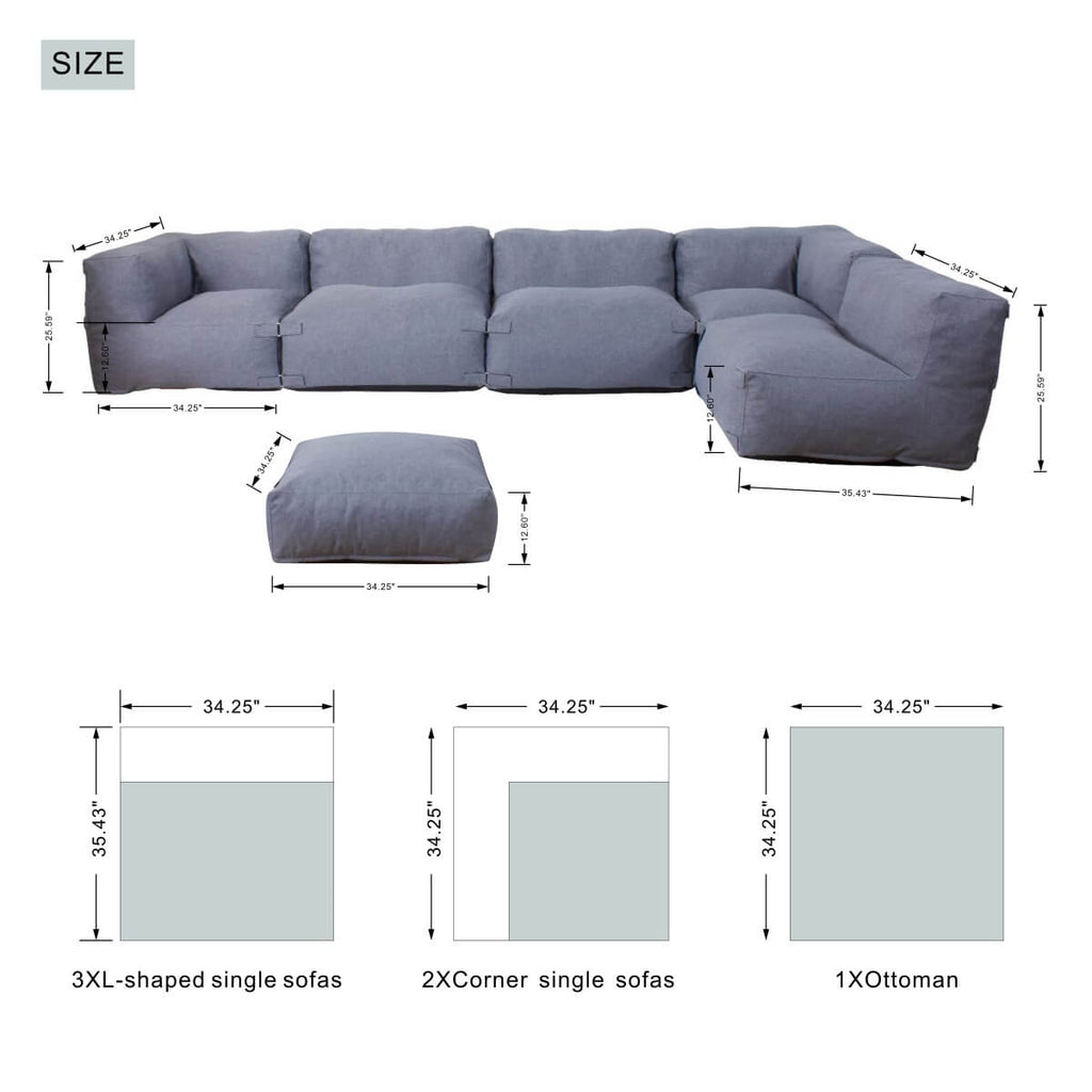 7-Piece Lavender Grey Modular Lazy Sofa Set – Indoor & Outdoor Compressible Sectional with Removable Washable Covers (PAS-2468-SET) - Direct Wicker