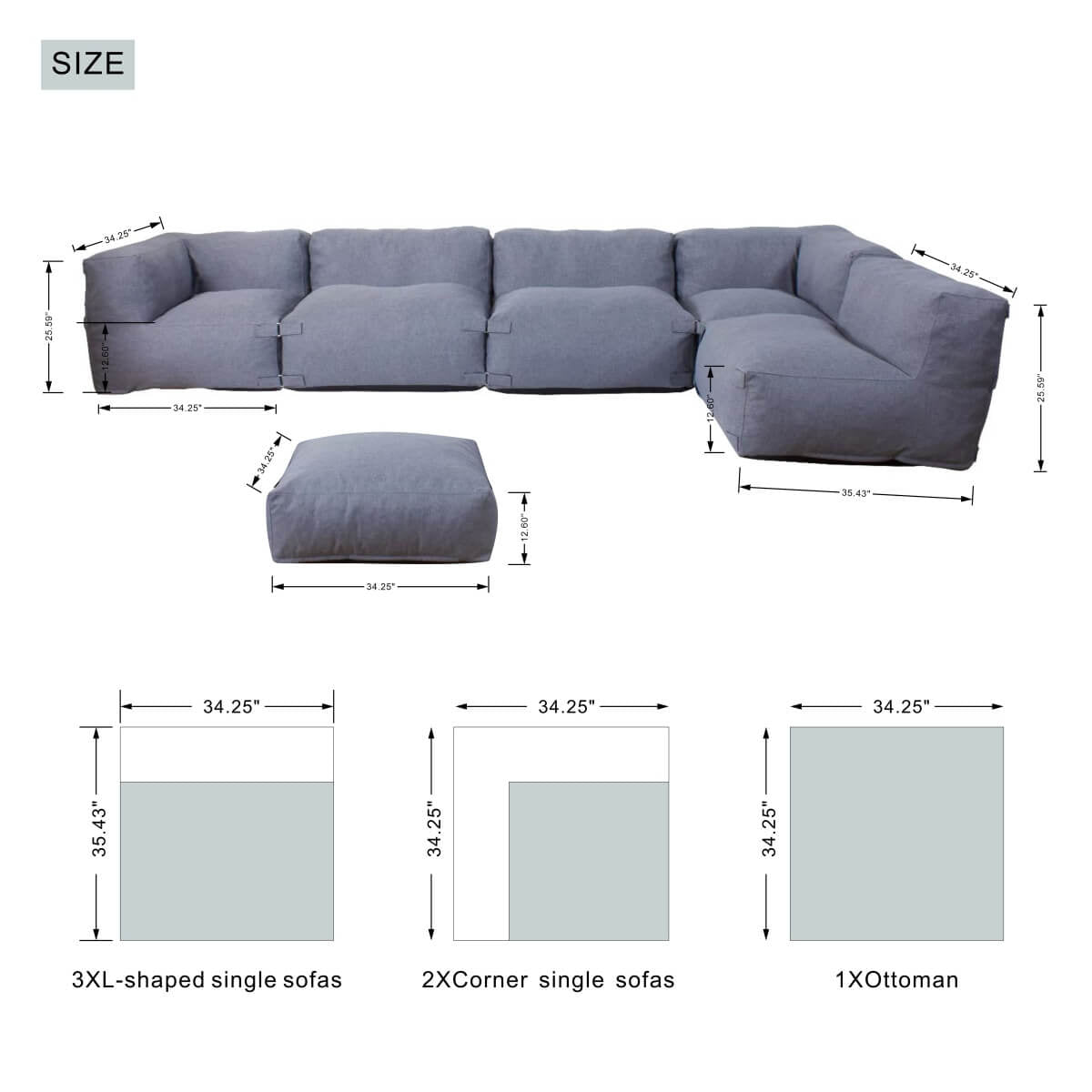 7-Piece Lavender Grey Modular Lazy Sofa Set – Indoor & Outdoor Compressible Sectional with Removable Washable Covers (PAS-2468-SET) - Direct Wicker