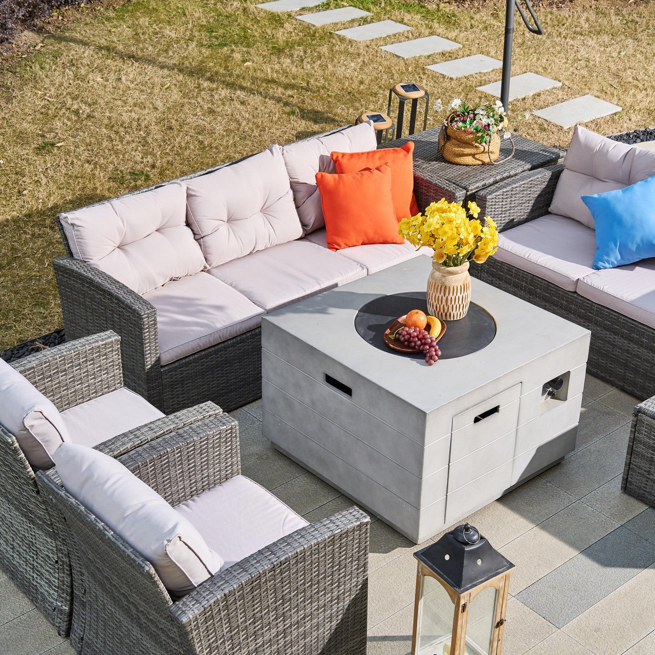 7 - Piece Outdoor Fire Pit Sofa Set with Hand - Woven Rattan (PAS - 1503 - GR+2140) - Direct Wicker