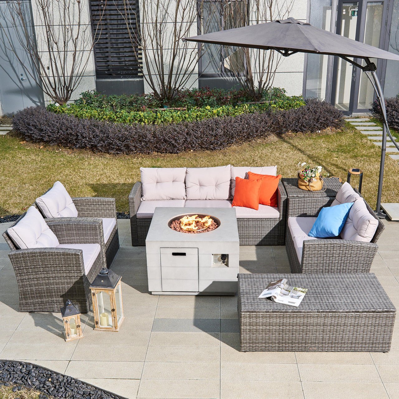 7 - Piece Outdoor Fire Pit Sofa Set with Hand - Woven Rattan (PAS - 1503 - GR+2140) - Direct Wicker