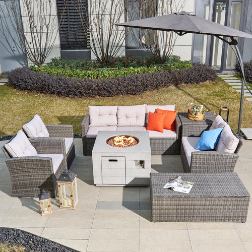 7 - Piece Outdoor Fire Pit Sofa Set with Hand - Woven Rattan (PAS - 1503 - GR+2140) - Direct Wicker