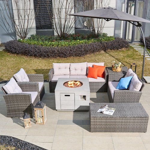 7 - Piece Outdoor Fire Pit Sofa Set with Hand - Woven Rattan (PAS - 1503 - GR+2140) - Direct Wicker
