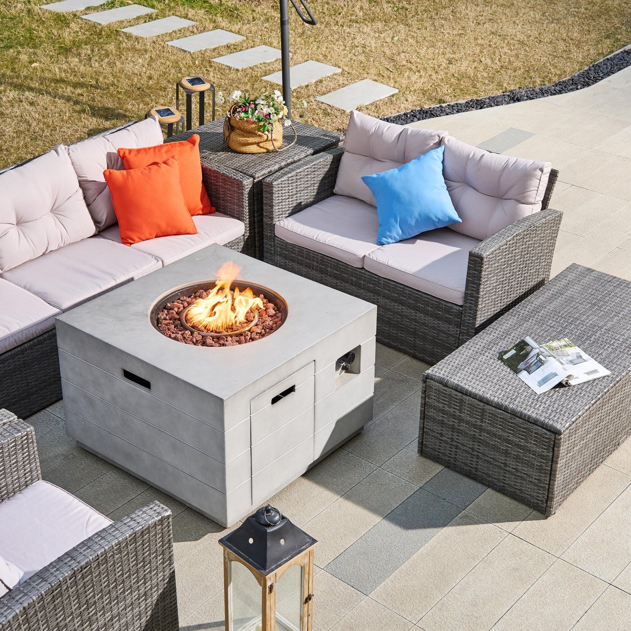 7 - Piece Outdoor Fire Pit Sofa Set with Hand - Woven Rattan (PAS - 1503 - GR+2140) - Direct Wicker