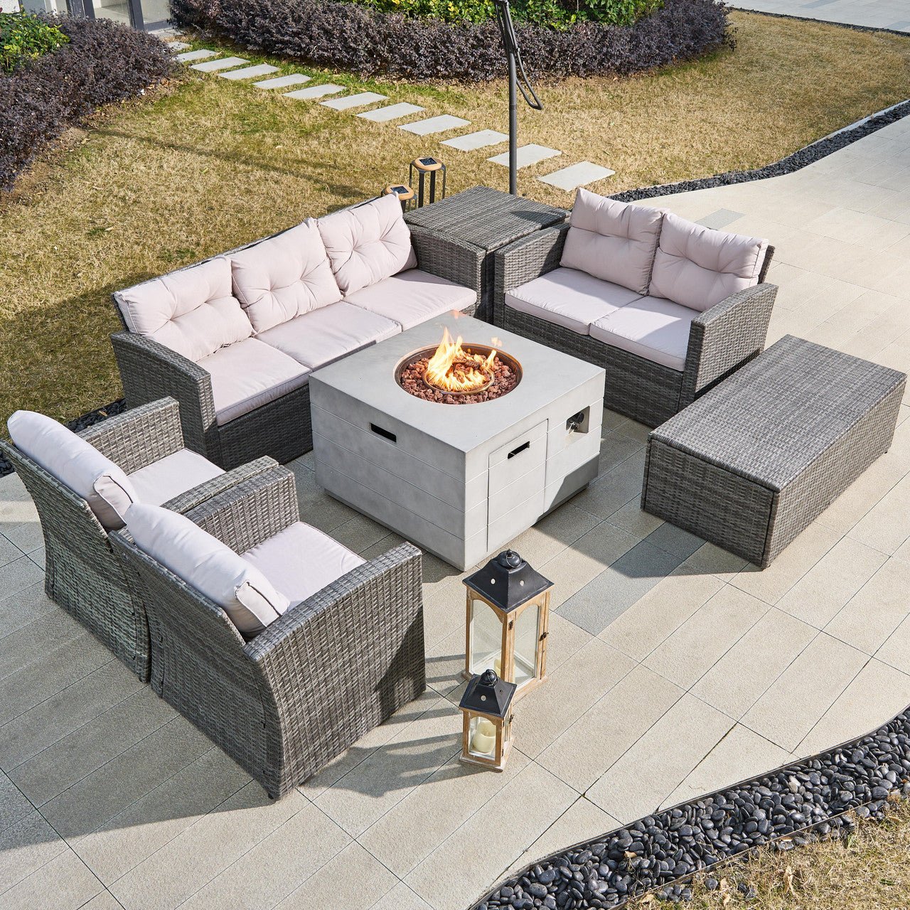7 - Piece Outdoor Fire Pit Sofa Set with Hand - Woven Rattan (PAS - 1503 - GR+2140) - Direct Wicker