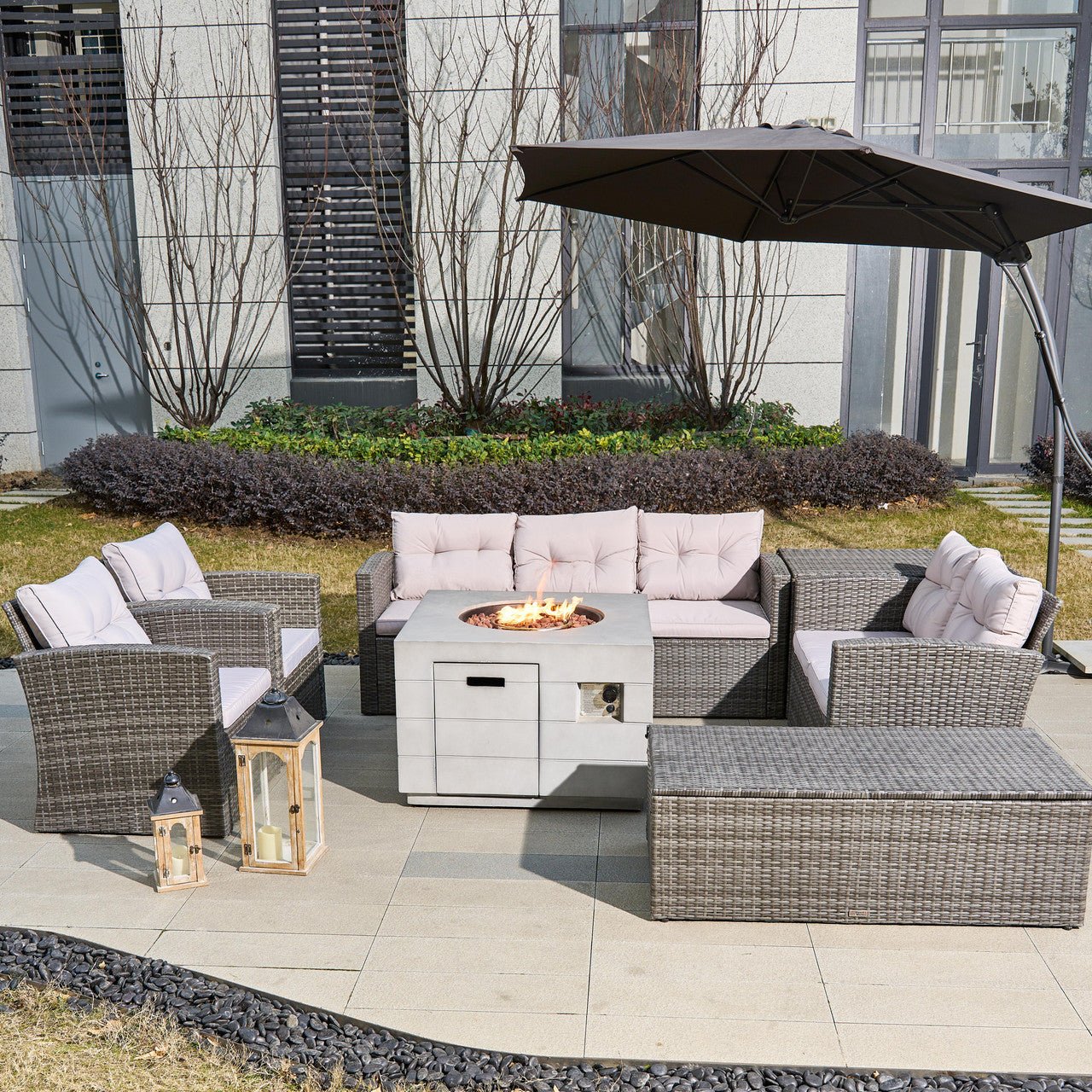 7 - Piece Outdoor Fire Pit Sofa Set with Hand - Woven Rattan (PAS - 1503 - GR+2140) - Direct Wicker
