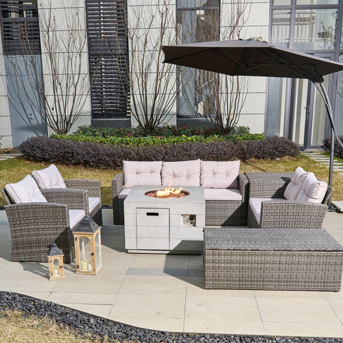 7 - Piece Outdoor Fire Pit Sofa Set with Hand - Woven Rattan (PAS - 1503 - GR+2140) - Direct Wicker