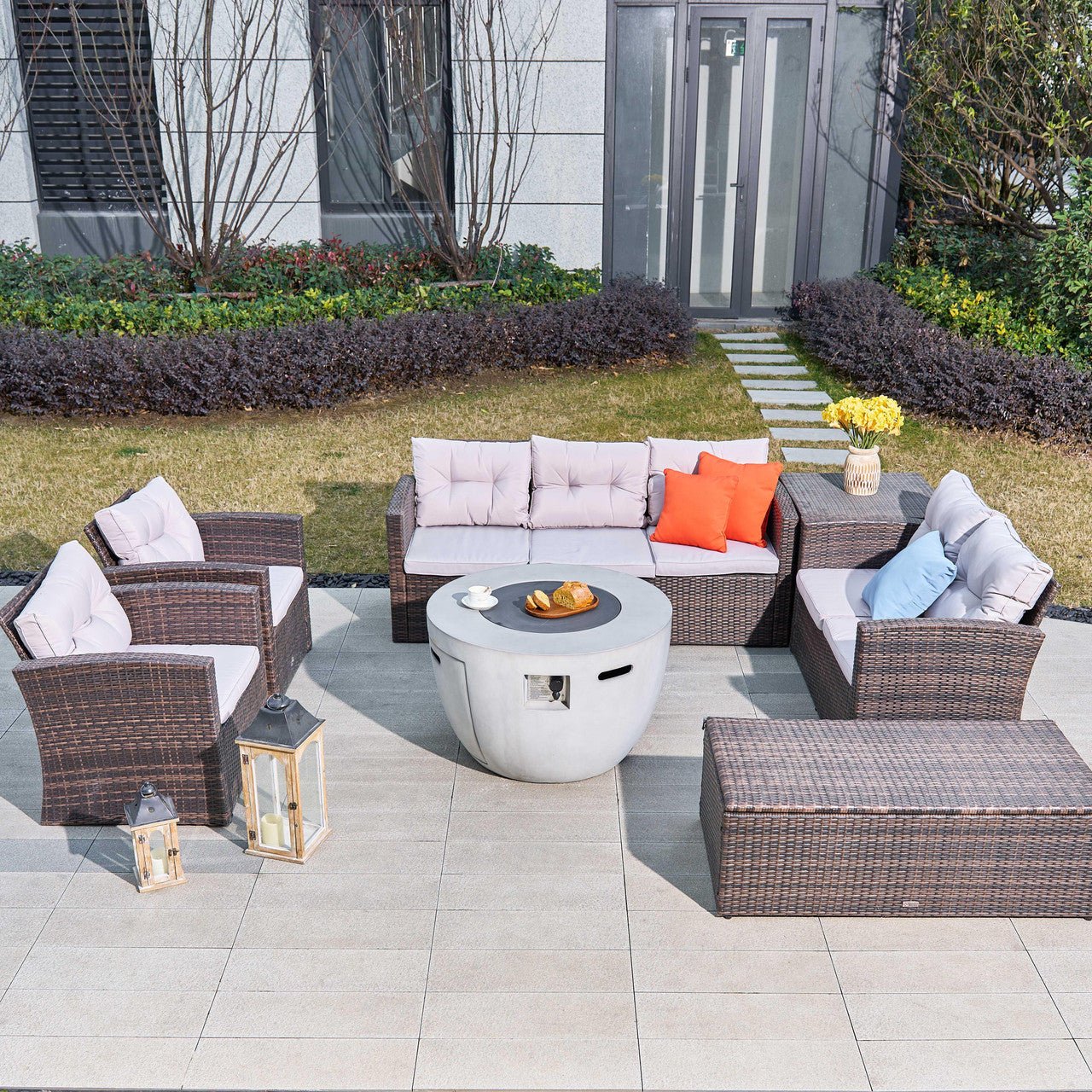 7 - Piece Outdoor Fire Pit Table Sofa Set (PAS - 1503+2160) - Direct Wicker