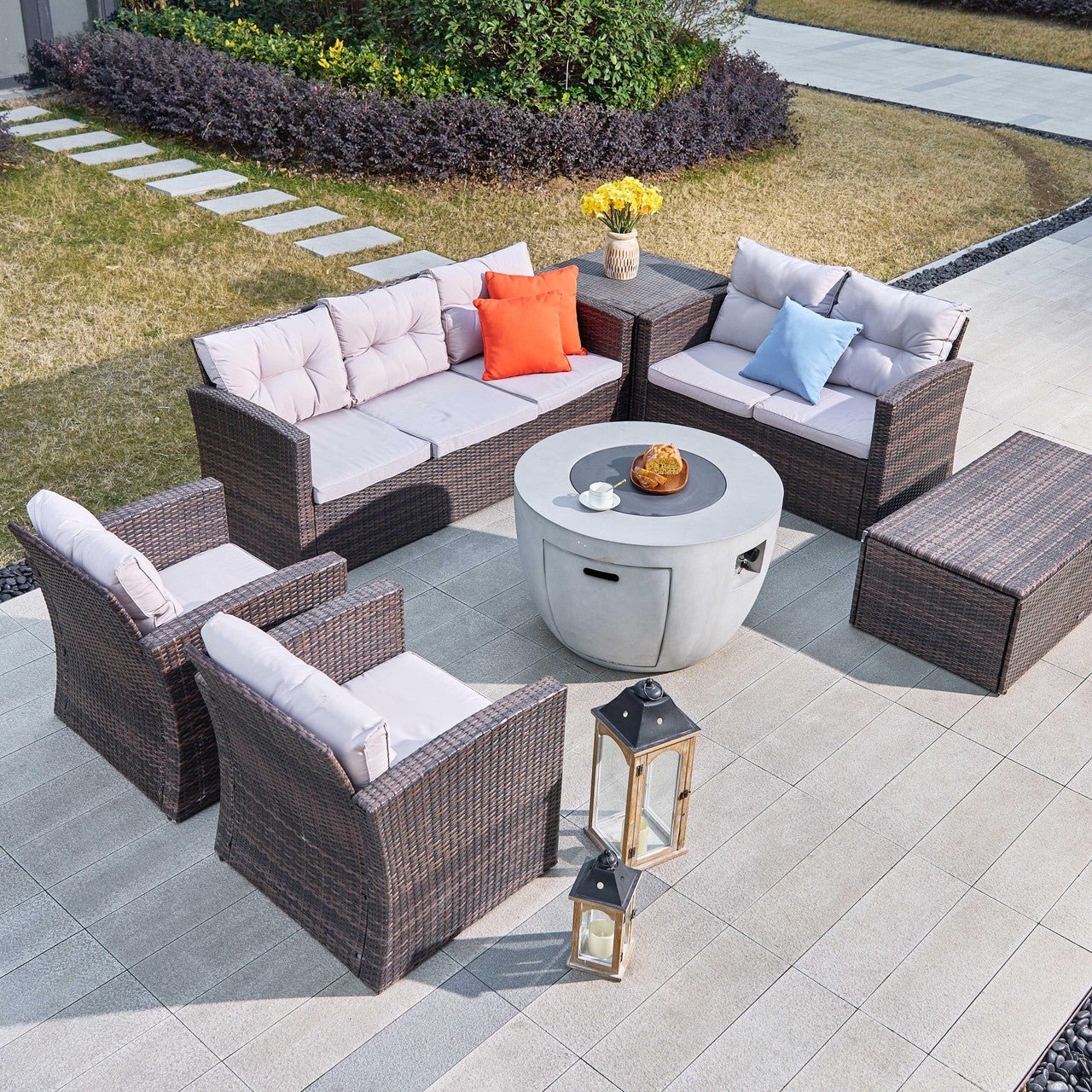 7 - Piece Outdoor Fire Pit Table Sofa Set (PAS - 1503+2160) - Direct Wicker