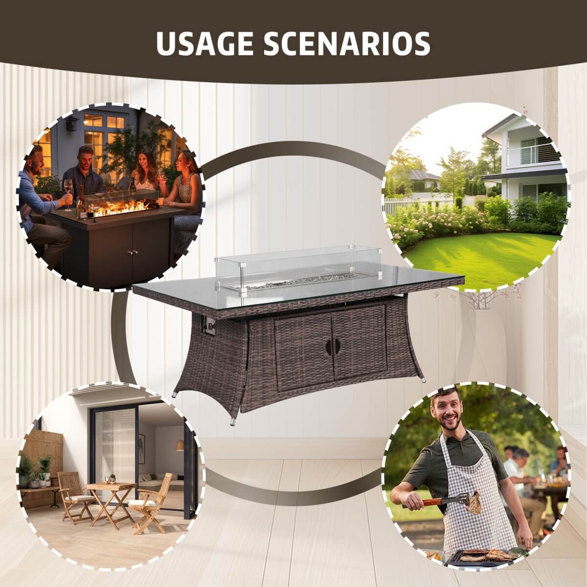 7-Piece Premium Outdoor Fire Pit Dining Set with Aluminum Frame & PE Wicker (PAG-1106R+013) - Direct Wicker