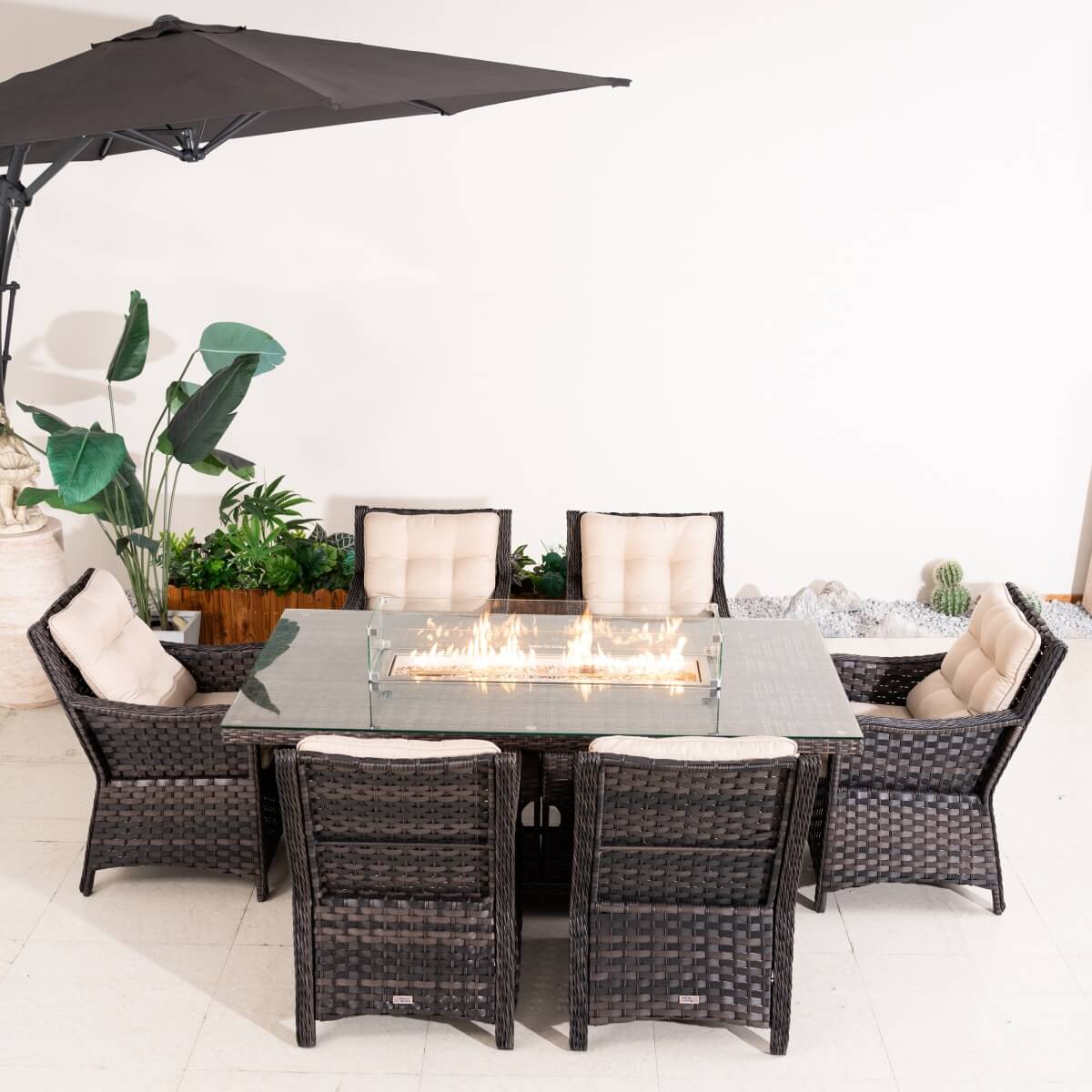 7-Piece Premium Outdoor Fire Pit Dining Set with Aluminum Frame & PE Wicker (PAG-1106R+013) - Direct Wicker