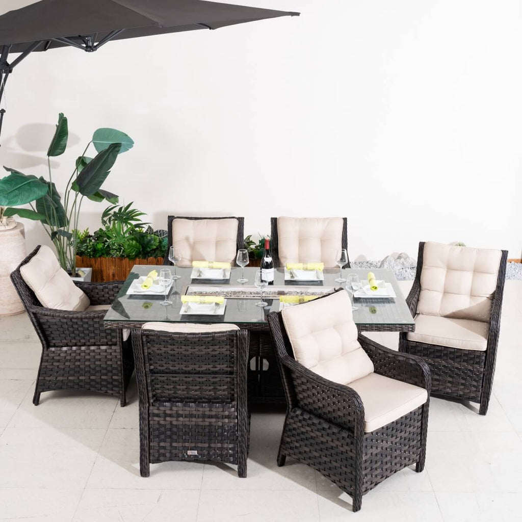 7-Piece Premium Outdoor Fire Pit Dining Set with Aluminum Frame & PE Wicker (PAG-1106R+013) - Direct Wicker