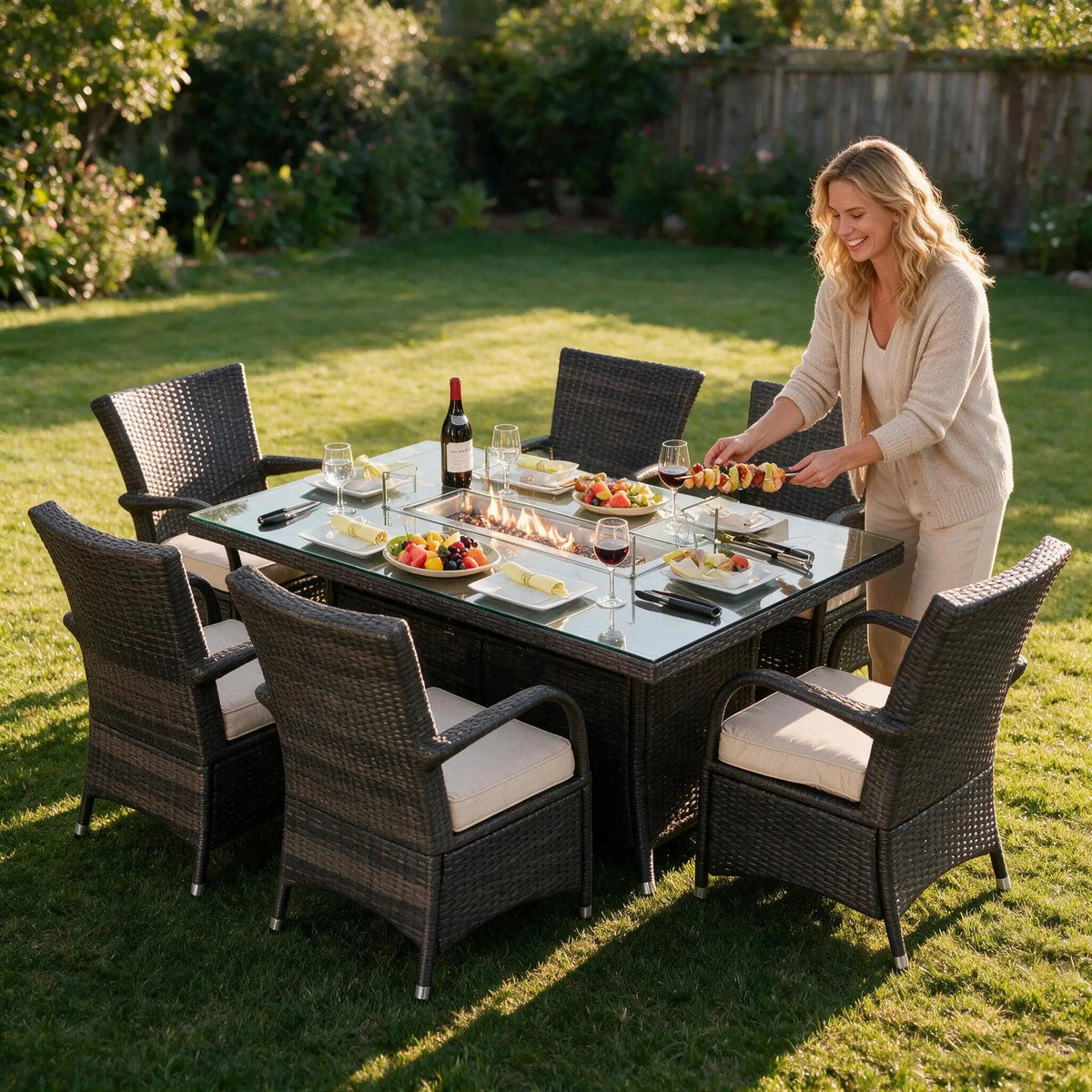 7-Piece Premium Outdoor Fire Pit Dining Set with Wicker Chairs (PAG-1106R+1123) - Direct Wicker
