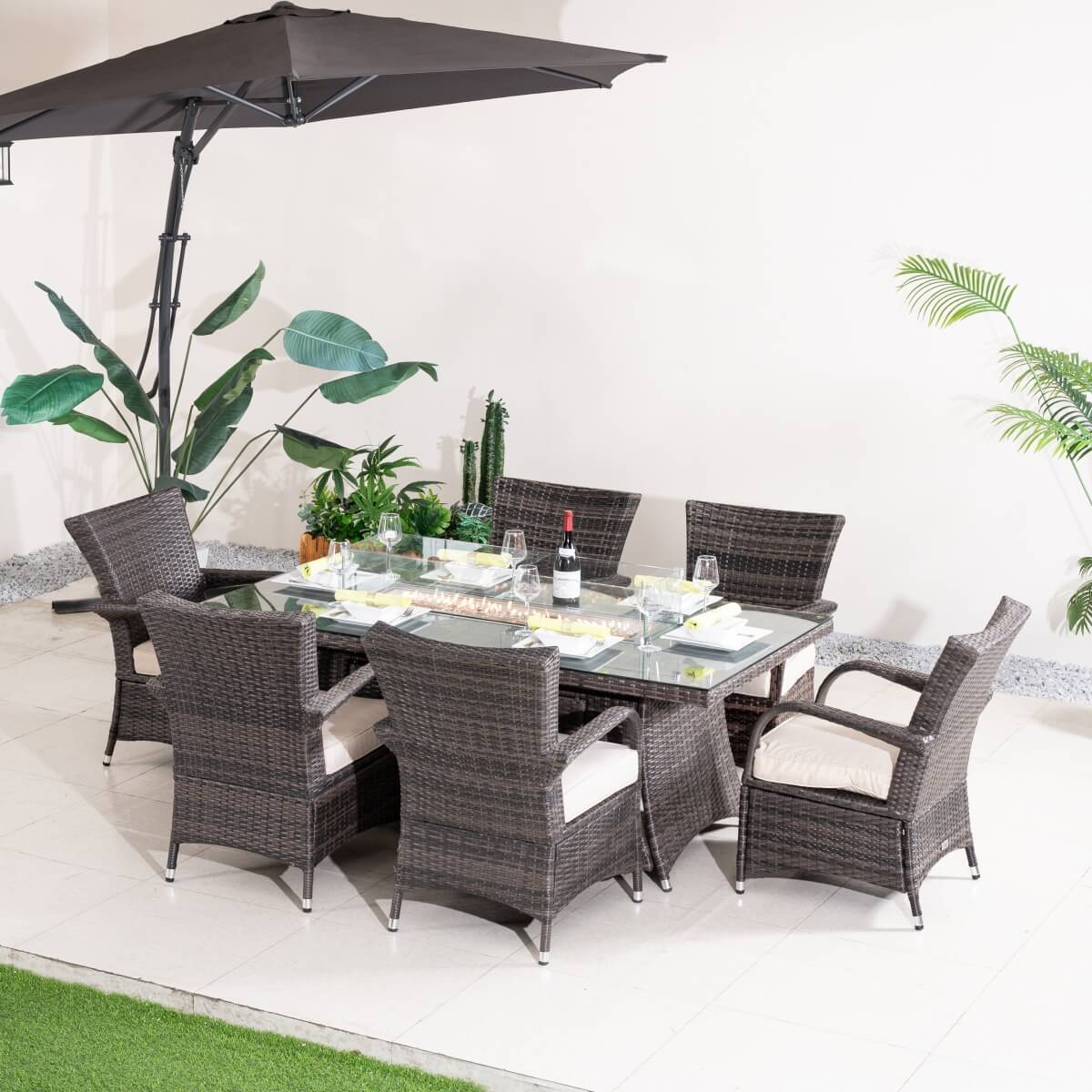 7-Piece Premium Outdoor Fire Pit Dining Set with Wicker Chairs (PAG-1106R+1123) - Direct Wicker