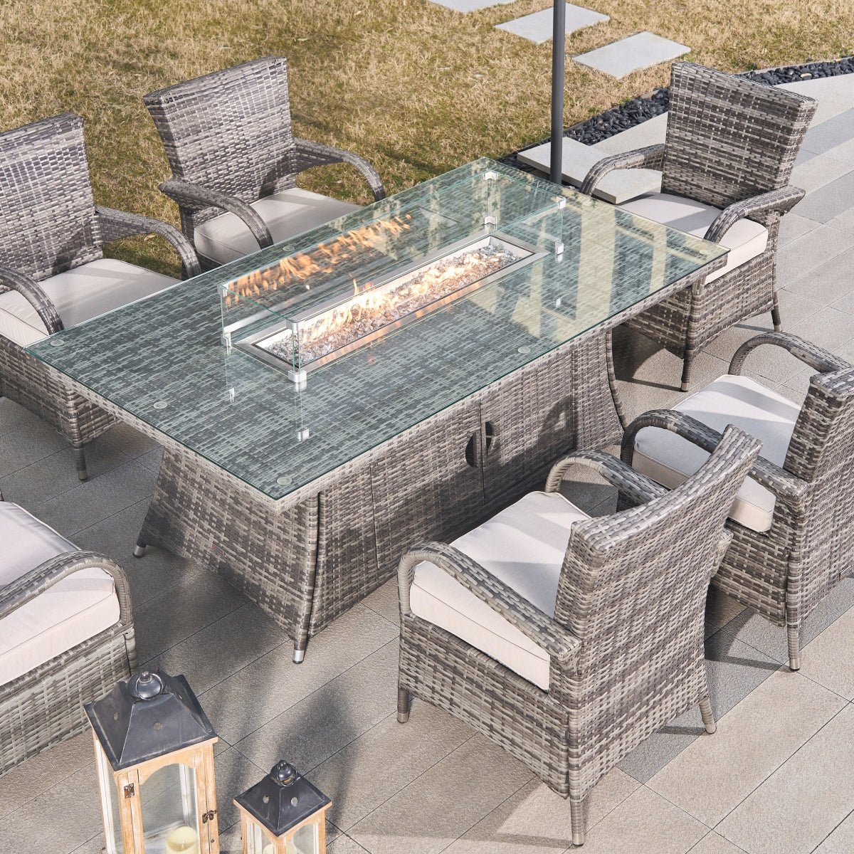 7-Piece Premium Outdoor Fire Pit Dining Set with Wicker Chairs (PAG-1106R+1123) - Direct Wicker