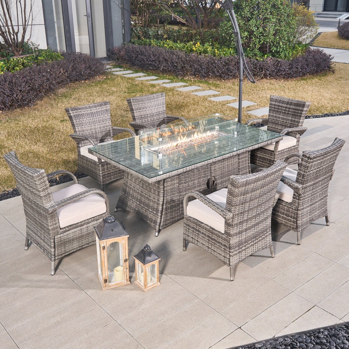 7-Piece Premium Outdoor Fire Pit Dining Set with Wicker Chairs (PAG-1106R+1123) - Direct Wicker