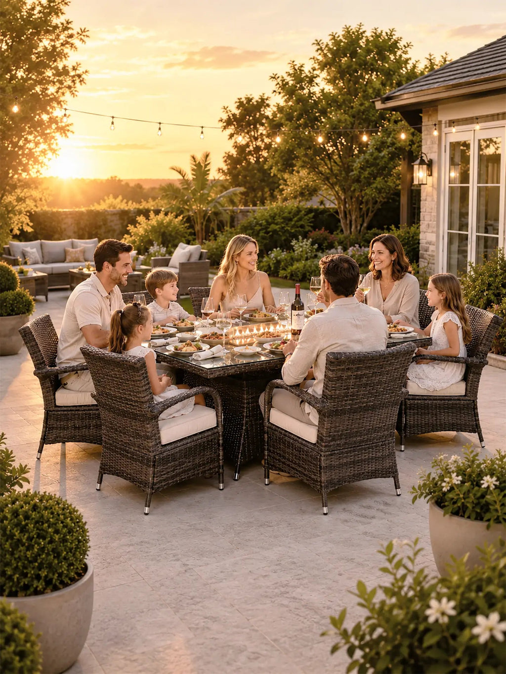 7-Piece Premium Outdoor Fire Pit Dining Set with Wicker Chairs (PAG-1106R+1123) - Direct Wicker