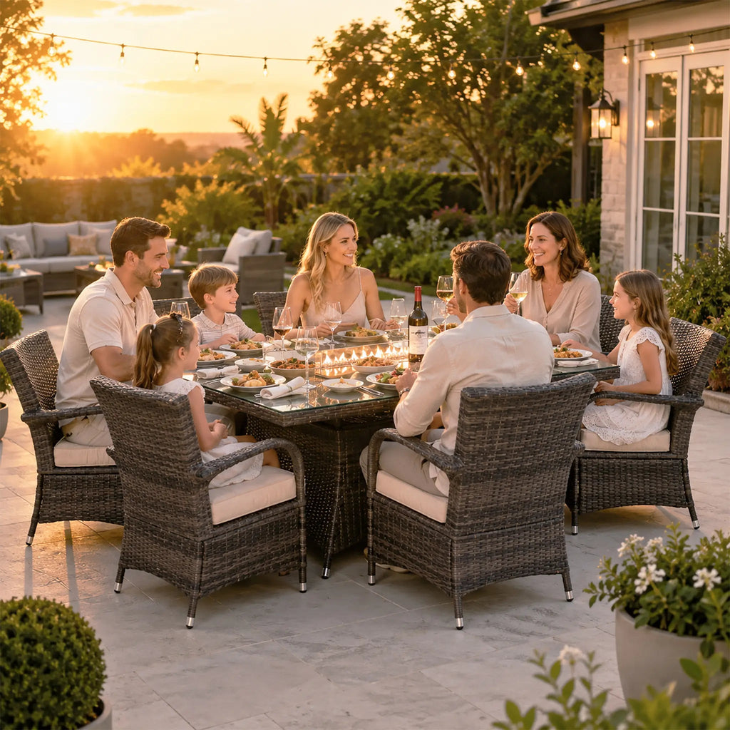7-Piece Premium Outdoor Fire Pit Dining Set with Wicker Chairs (PAG-1106R+1123) - Direct Wicker