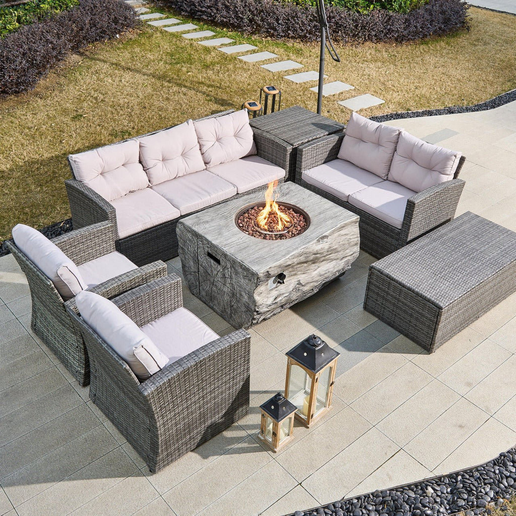 7 - Seat Outdoor Fire Pit Sofa Set with TerraFlame Rectangular Fire Pit Table (PAS - 1503+2170 - GR) - Direct Wicker