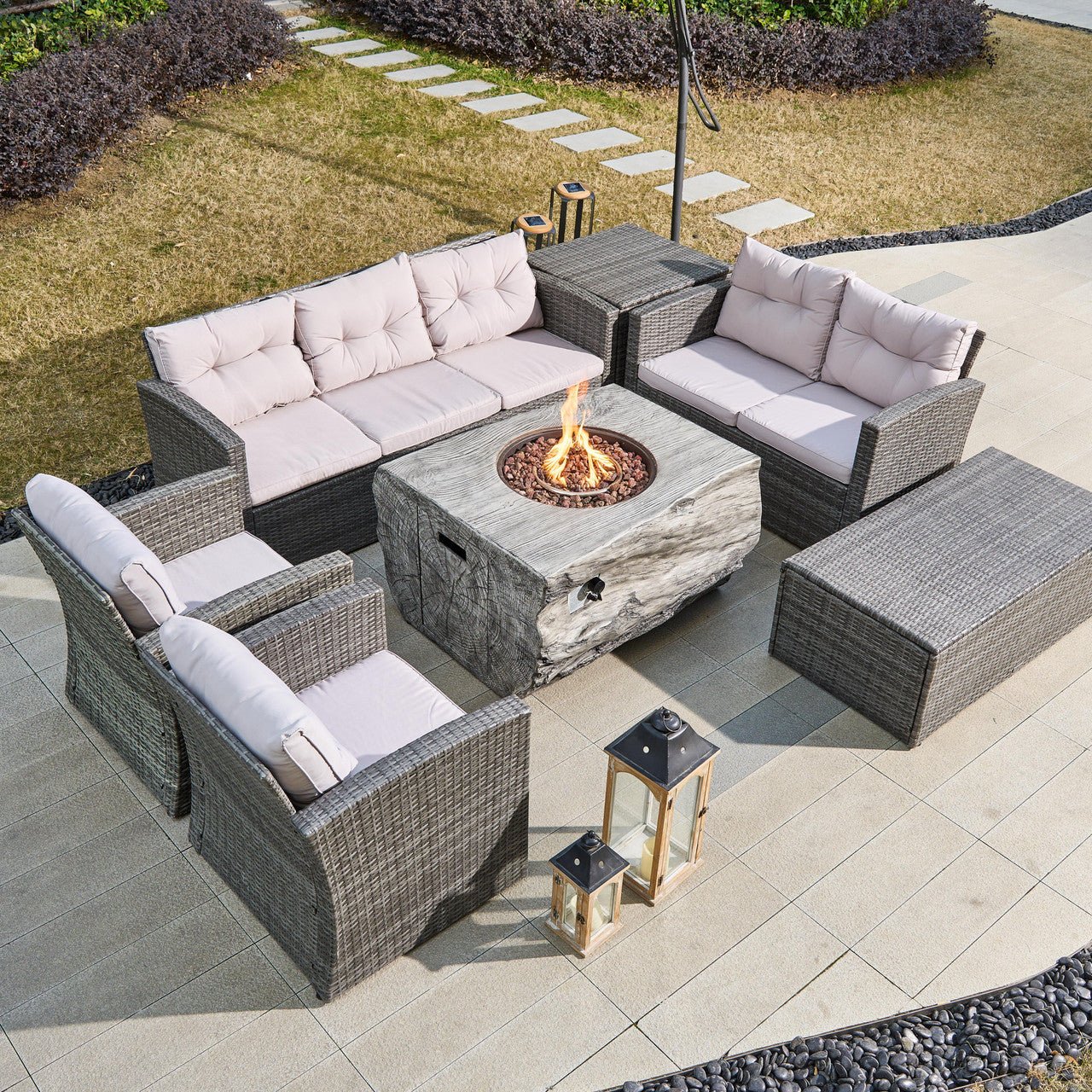 7 - Seat Outdoor Fire Pit Sofa Set with TerraFlame Rectangular Fire Pit Table (PAS - 1503+2170 - GR) - Direct Wicker