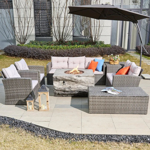 7 - Seat Outdoor Fire Pit Sofa Set with TerraFlame Rectangular Fire Pit Table (PAS - 1503+2170 - GR) - Direct Wicker