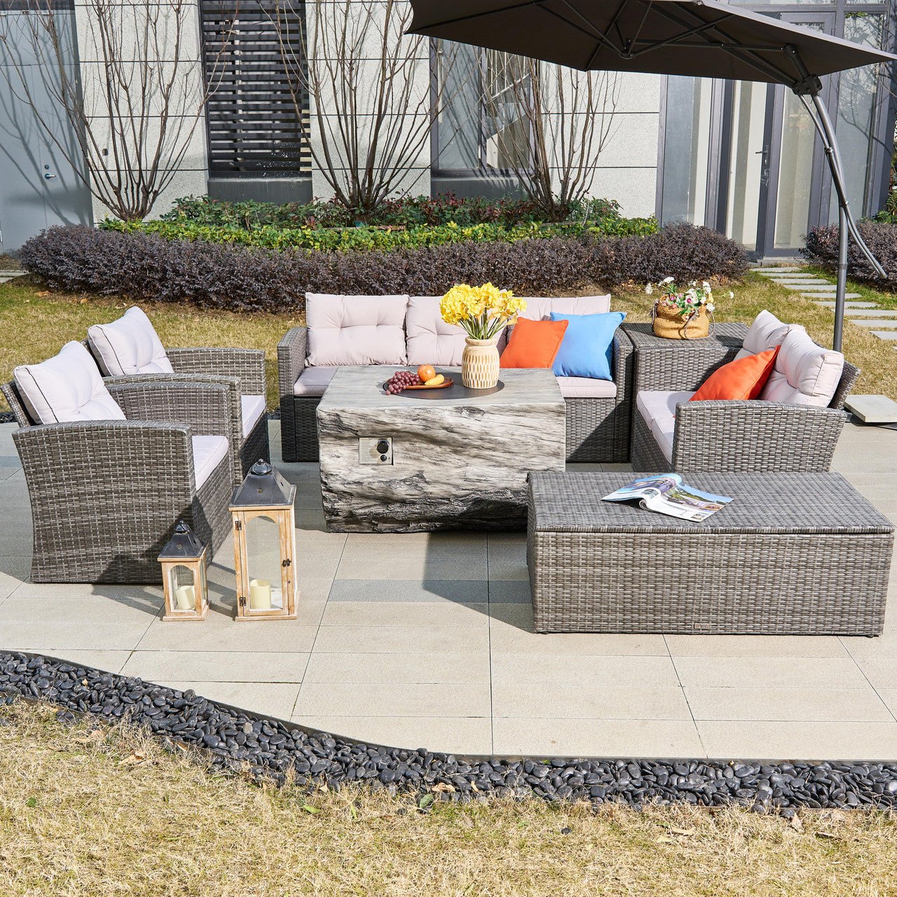 7 - Seat Outdoor Fire Pit Sofa Set with TerraFlame Rectangular Fire Pit Table (PAS - 1503+2170 - GR) - Direct Wicker