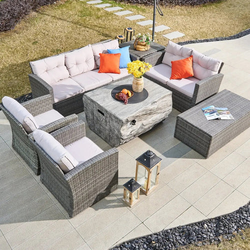 7 - Seat Outdoor Fire Pit Sofa Set with TerraFlame Rectangular Fire Pit Table (PAS - 1503+2170 - GR) - Direct Wicker