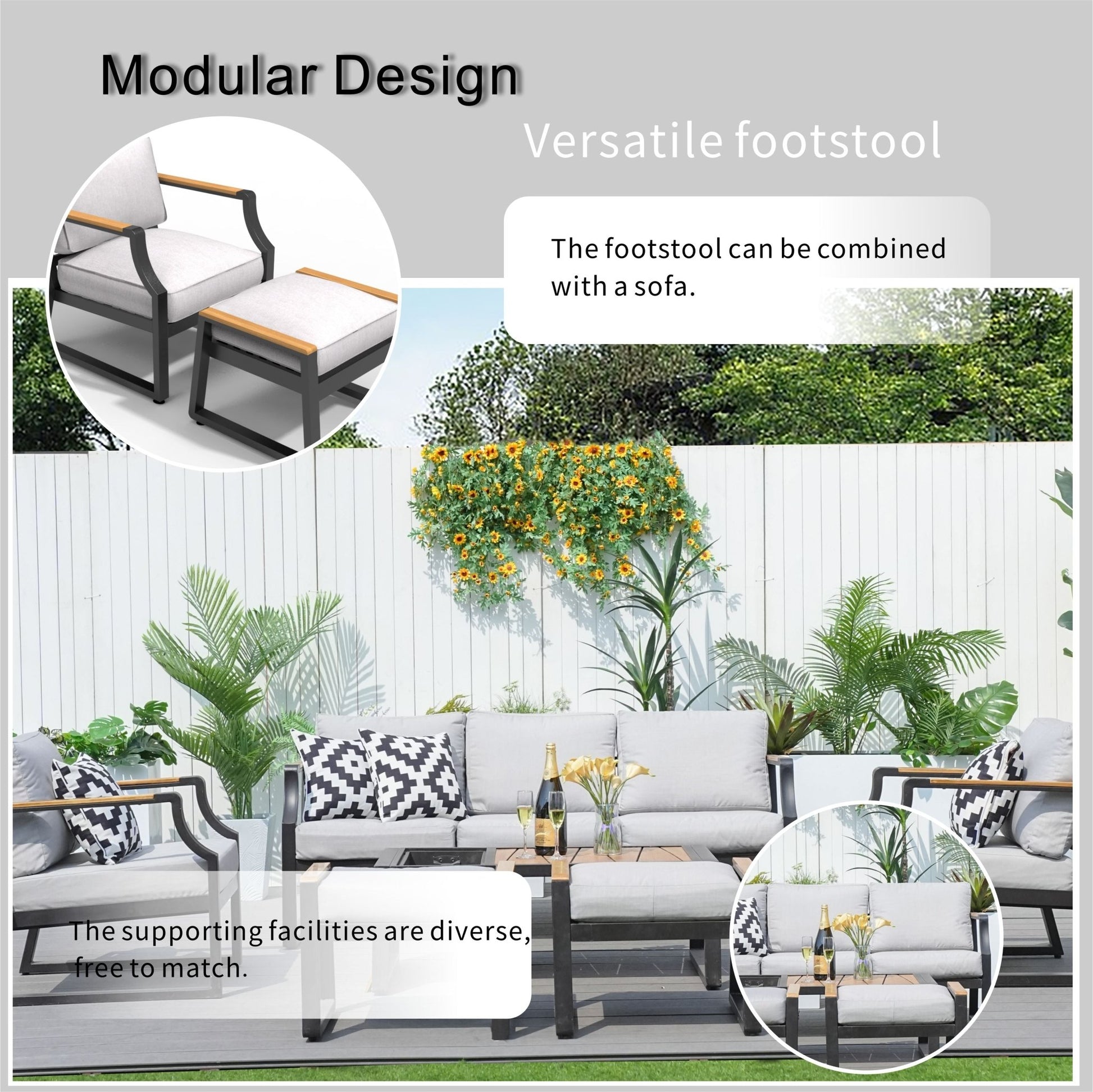 7 - Seater Sofa Set Iron Conversational Sofa Set with Gray Cushions and Drink Cooler (PAS - 2101) - Direct Wicker