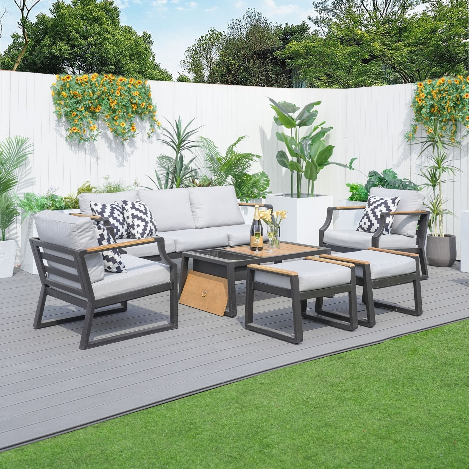 7 - Seater Sofa Set Iron Conversational Sofa Set with Gray Cushions and Drink Cooler (PAS - 2101) - Direct Wicker
