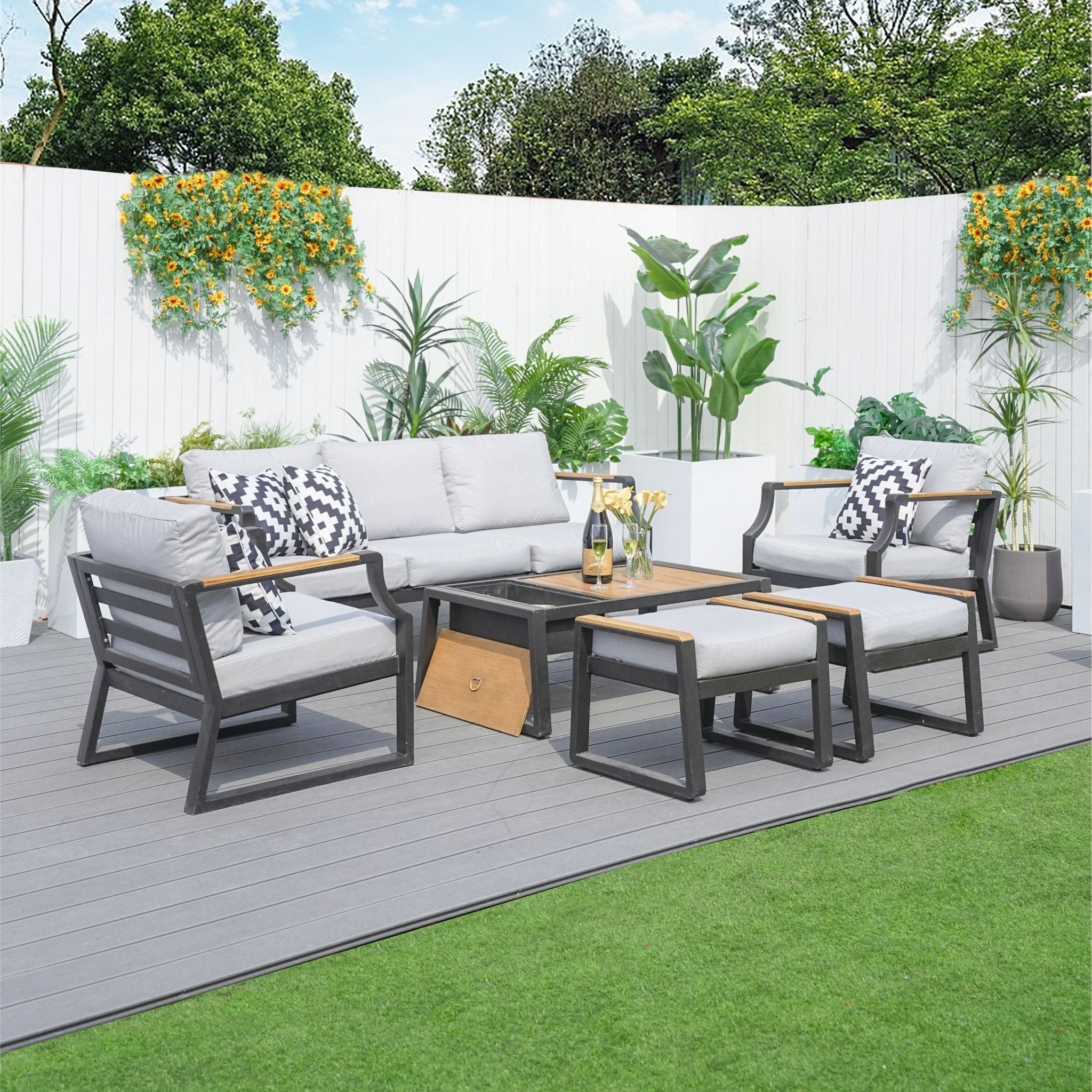 7 - Seater Sofa Set Iron Conversational Sofa Set with Gray Cushions and Drink Cooler (PAS - 2101) - Direct Wicker