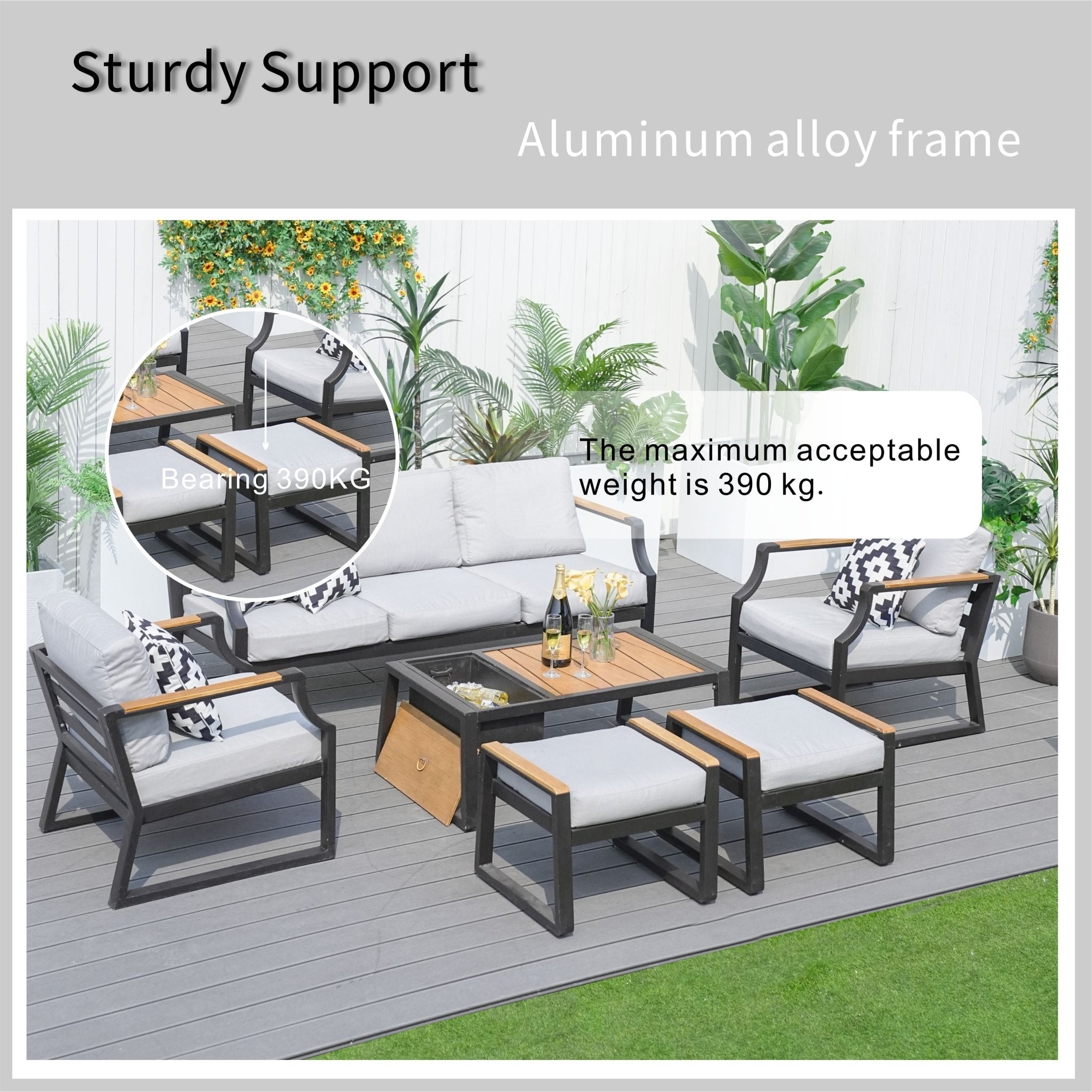 7 - Seater Sofa Set Iron Conversational Sofa Set with Gray Cushions and Drink Cooler (PAS - 2101) - Direct Wicker
