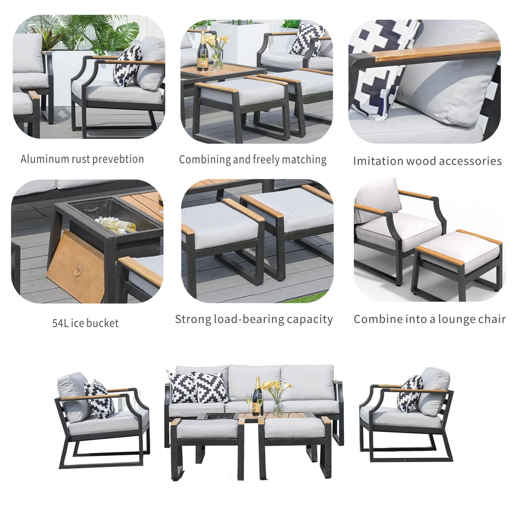 7 - Seater Sofa Set Iron Conversational Sofa Set with Gray Cushions and Drink Cooler (PAS - 2101) - Direct Wicker
