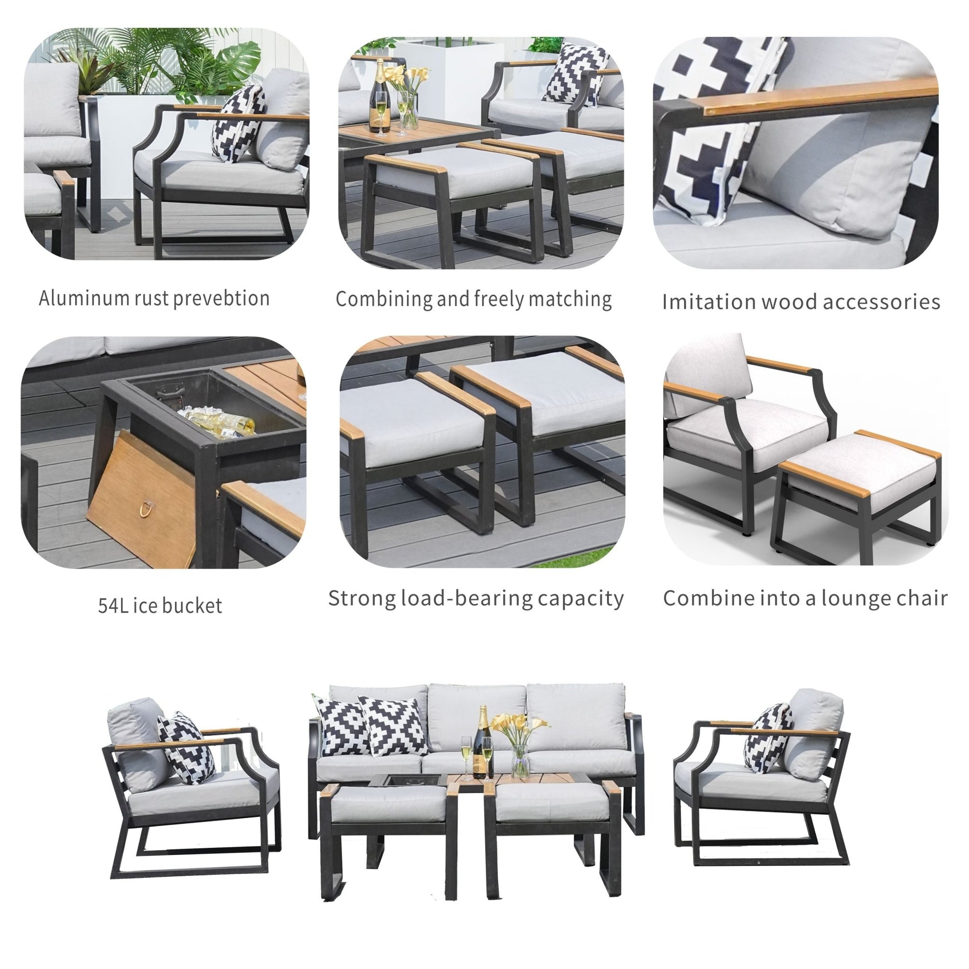 7 - Seater Sofa Set Iron Conversational Sofa Set with Gray Cushions and Drink Cooler (PAS - 2101) - Direct Wicker