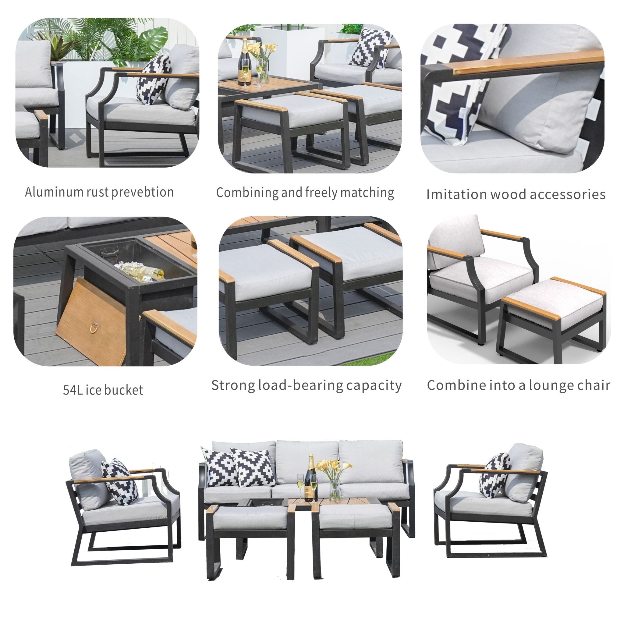 7 - Seater Sofa Set Iron Conversational Sofa Set with Gray Cushions and Drink Cooler (PAS - 2101) - Direct Wicker