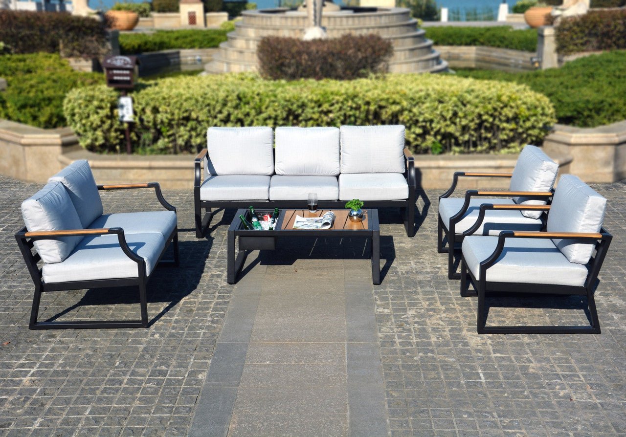 7 - Seater Sofa Set Iron Conversational Sofa Set with Gray Cushions and Drink Cooler (PAS - 2101) - Direct Wicker