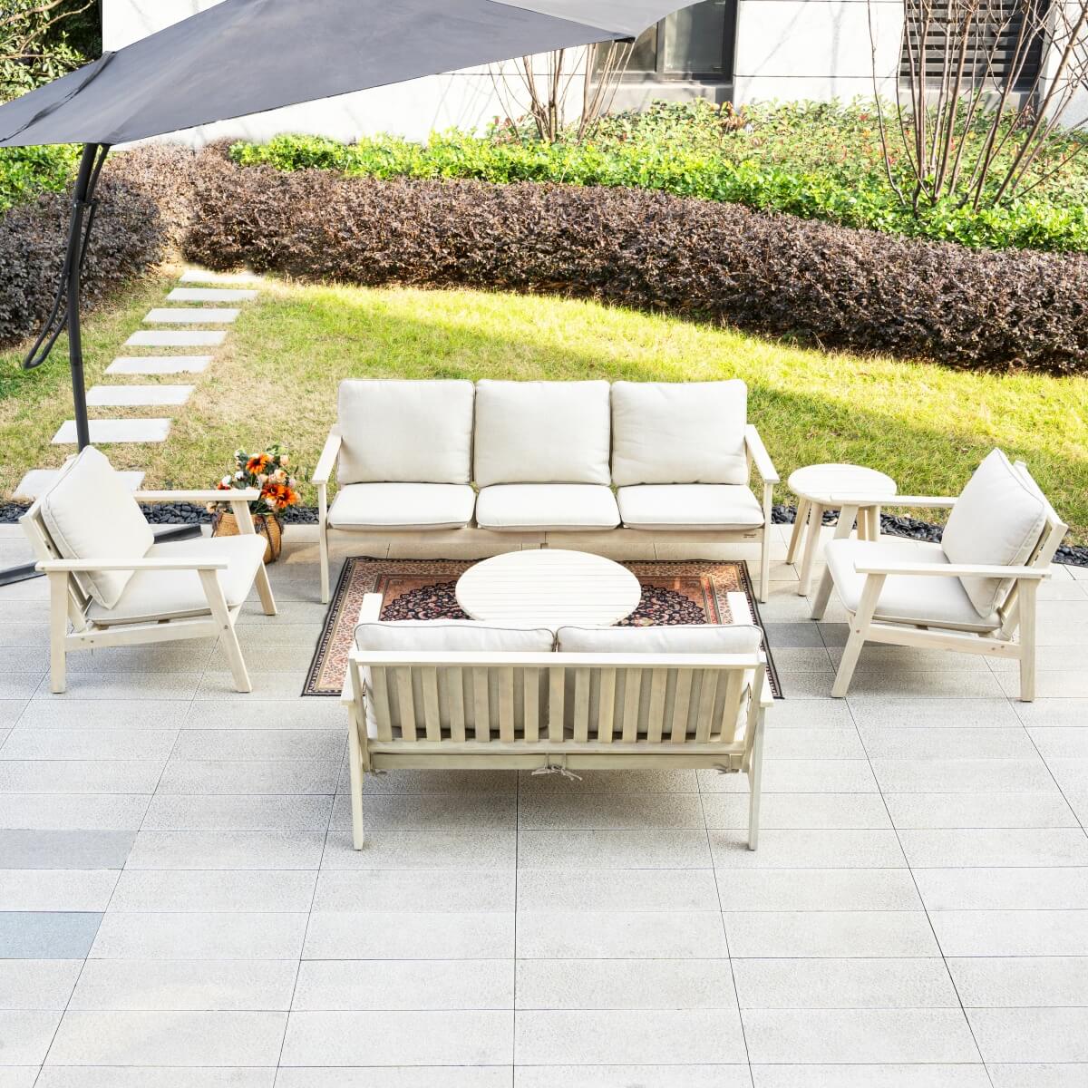 7 - Seater Wooden Outdoor Sofa Set – Garden Lounge with Round Coffee Table and Side Table - Direct Wicker