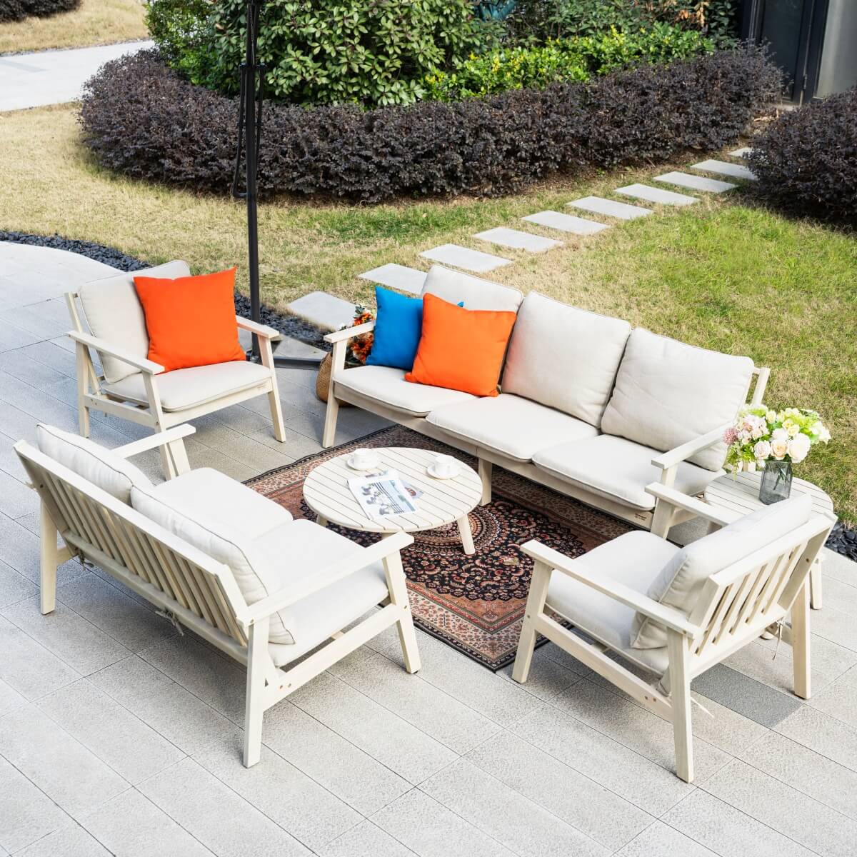 7 - Seater Wooden Outdoor Sofa Set – Garden Lounge with Round Coffee Table and Side Table - Direct Wicker