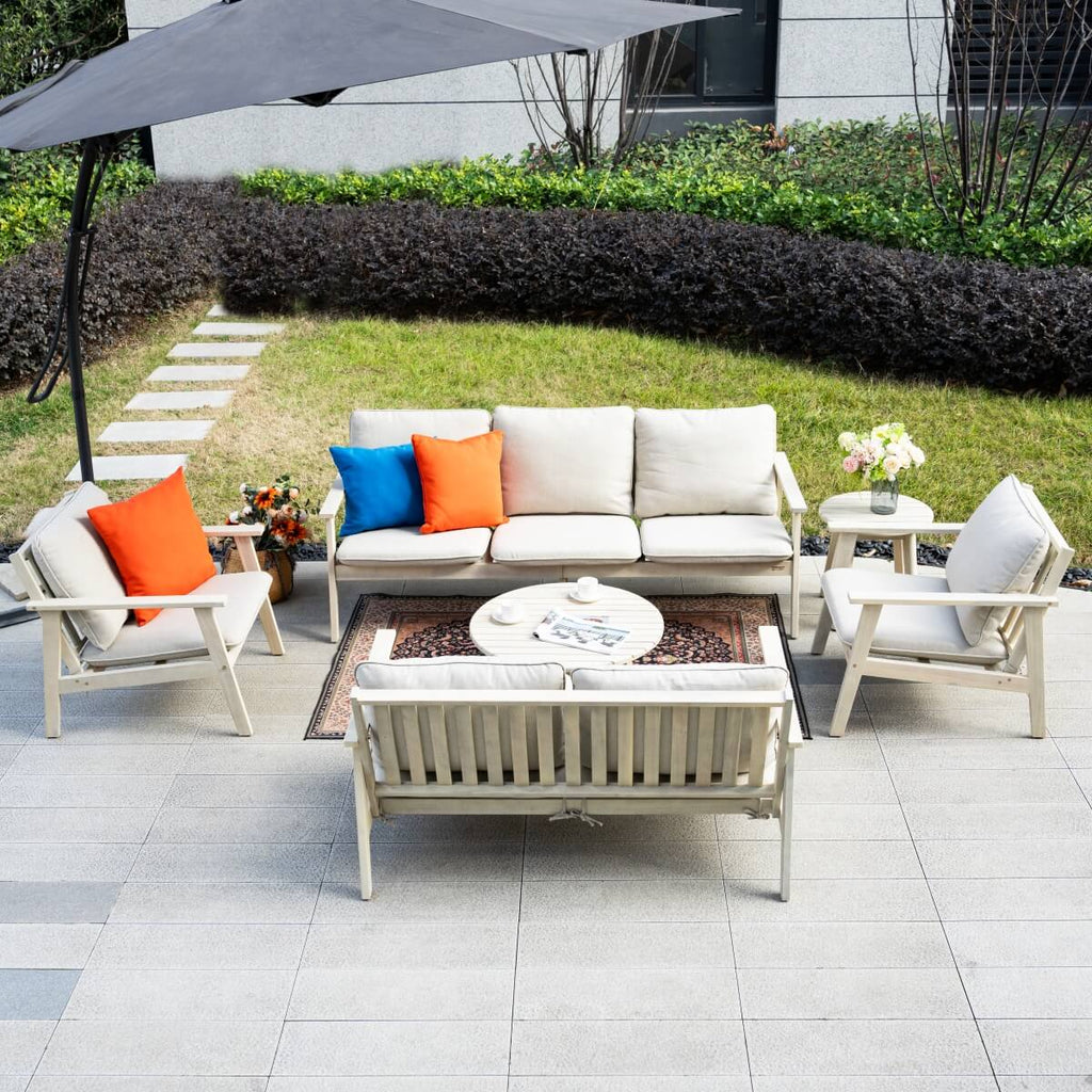 7 - Seater Wooden Outdoor Sofa Set – Garden Lounge with Round Coffee Table and Side Table - Direct Wicker