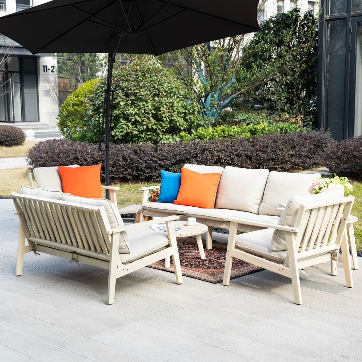7 - Seater Wooden Outdoor Sofa Set – Garden Lounge with Round Coffee Table and Side Table - Direct Wicker