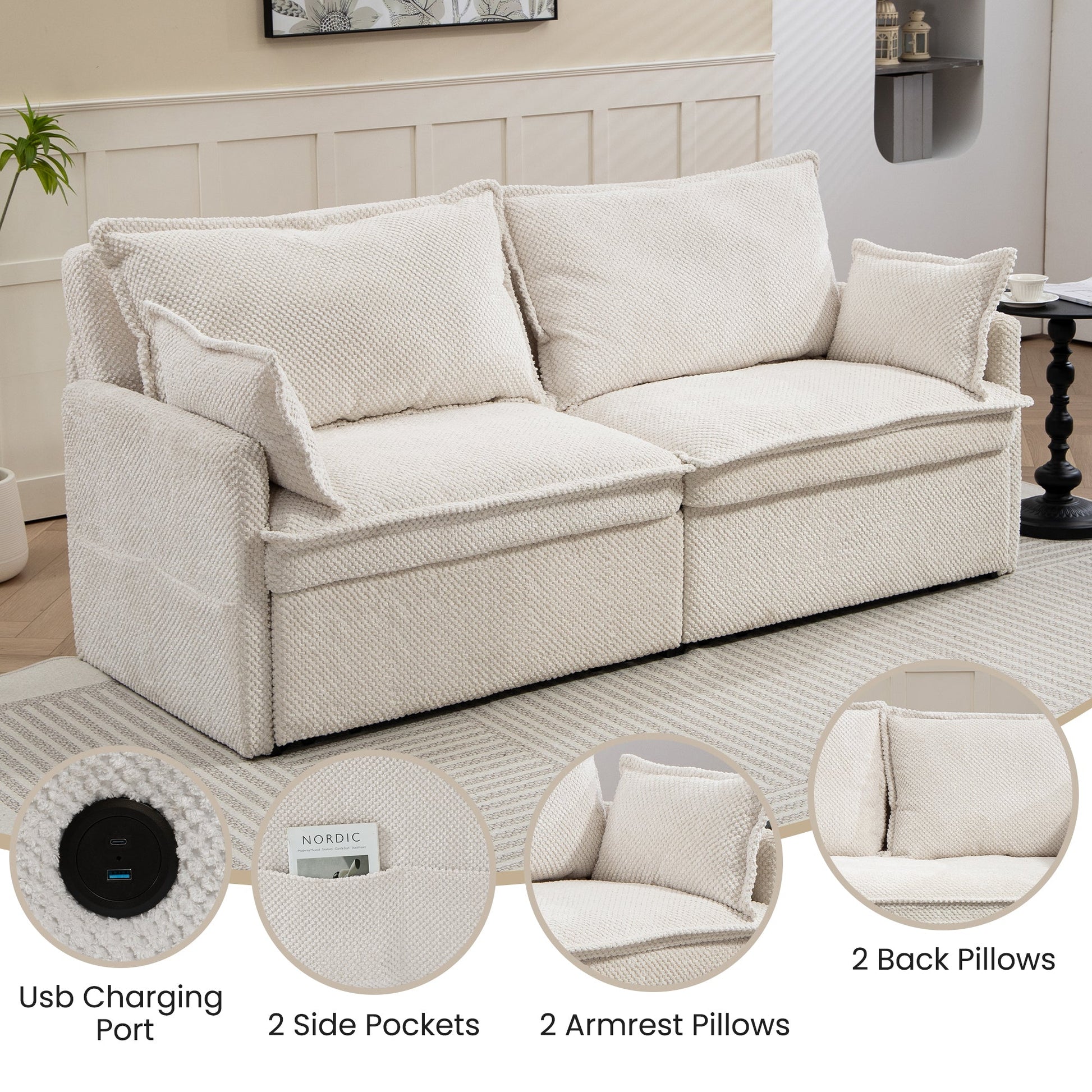 73.6inch Pull Out Sofa Bed,3-in-1 corduroy Convertible Sleeper Sofa Couch,Side Storage,and USB/C-TYPE Charging Ports Chair for Living Room,Bedroom,Apartment - Direct Wicker