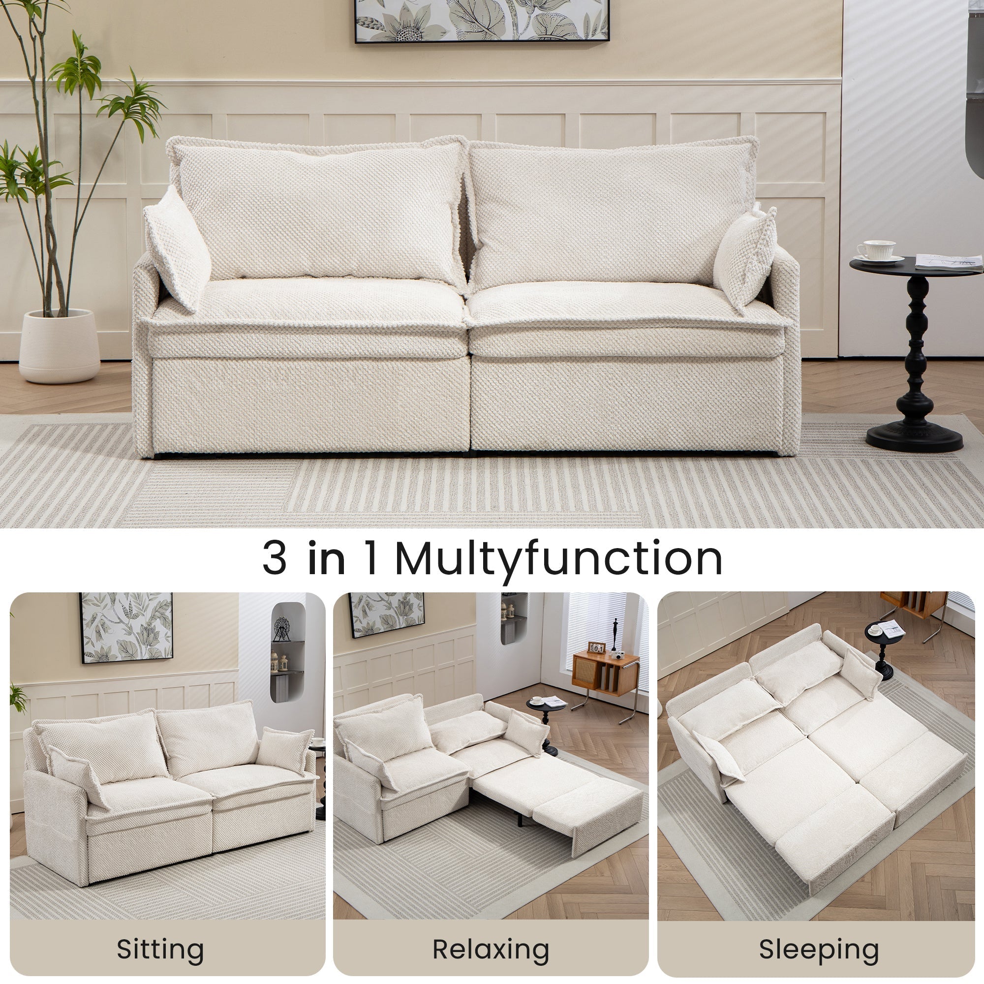 73.6inch Pull Out Sofa Bed,3-in-1 corduroy Convertible Sleeper Sofa Couch,Side Storage,and USB/C-TYPE Charging Ports Chair for Living Room,Bedroom,Apartment - Direct Wicker