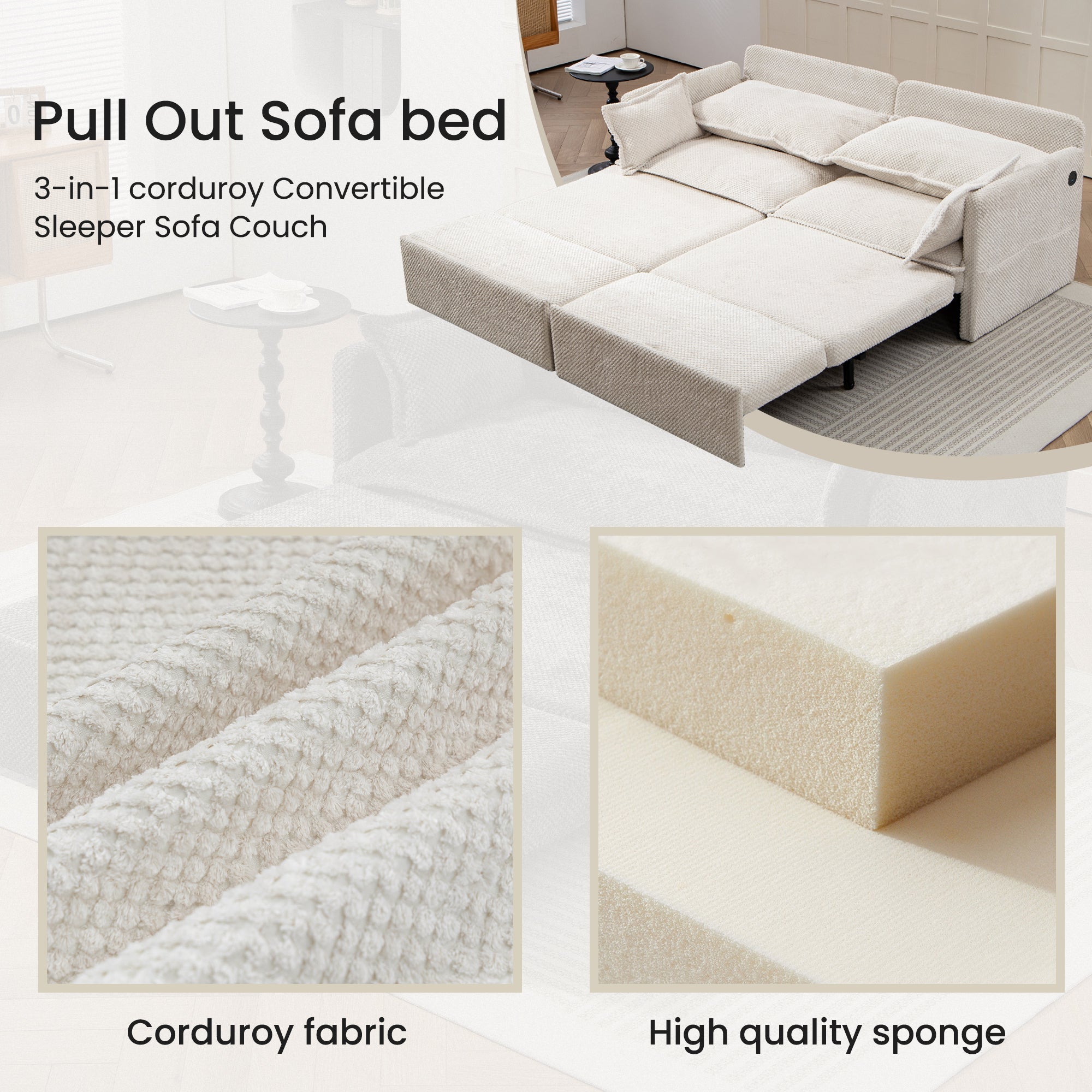 73.6inch Pull Out Sofa Bed,3-in-1 corduroy Convertible Sleeper Sofa Couch,Side Storage,and USB/C-TYPE Charging Ports Chair for Living Room,Bedroom,Apartment - Direct Wicker