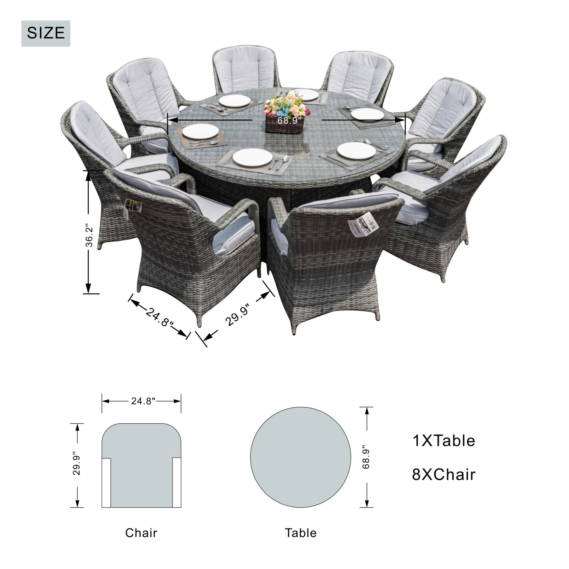 8 - Seat Outdoor Dining Table D68.9" × H28.34" (PAD - 1714 - Table) - Direct Wicker