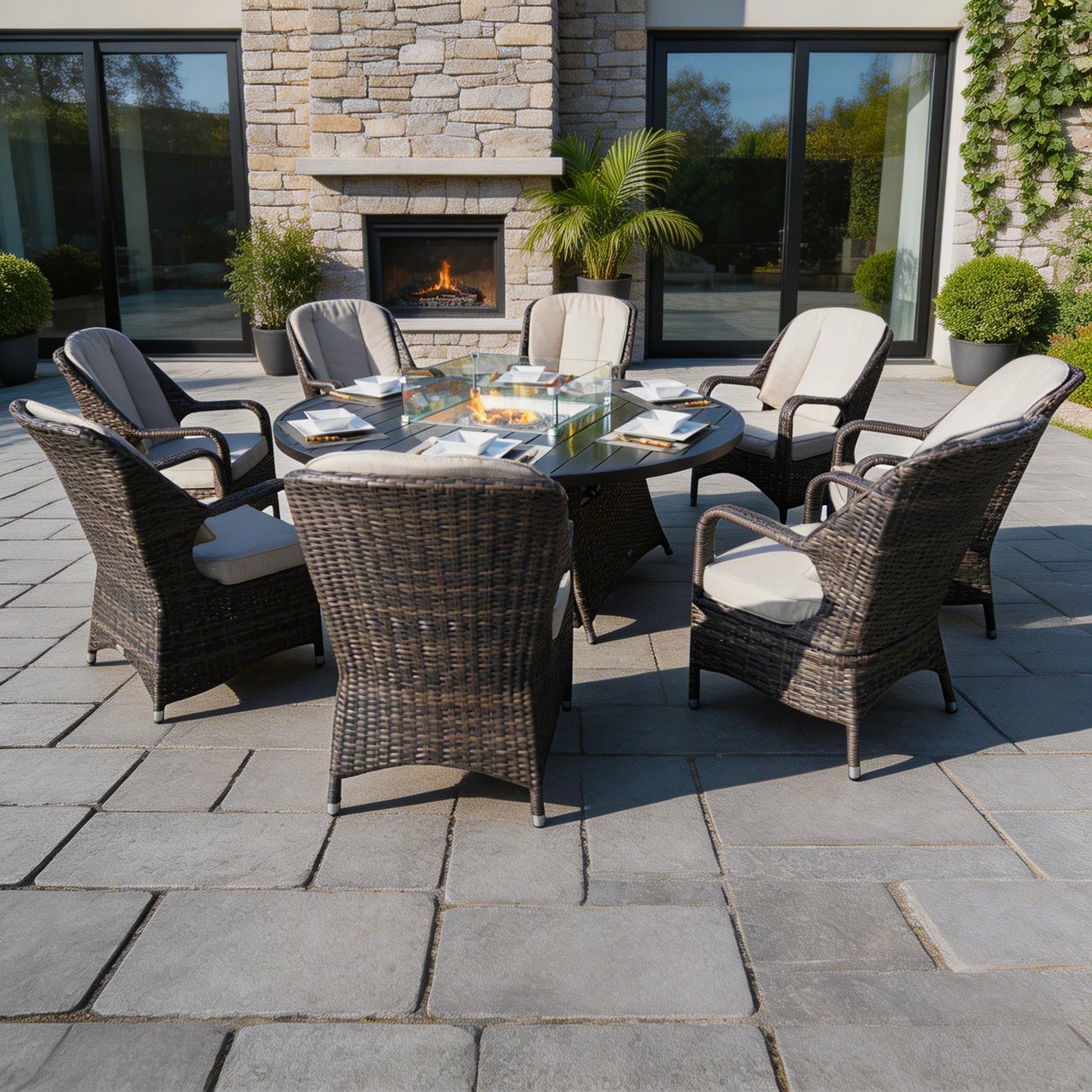 8-Seater Outdoor Fire Pit Set with Round Table (PAG-1108A) - Direct Wicker