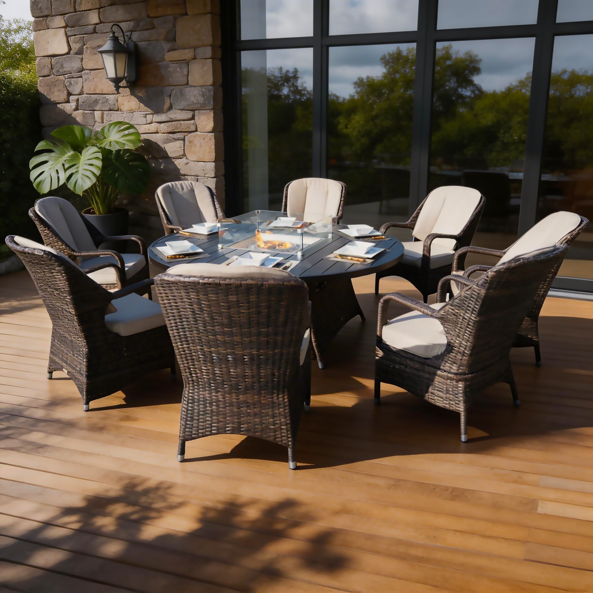 8-Seater Outdoor Fire Pit Set with Round Table (PAG-1108A) - Direct Wicker