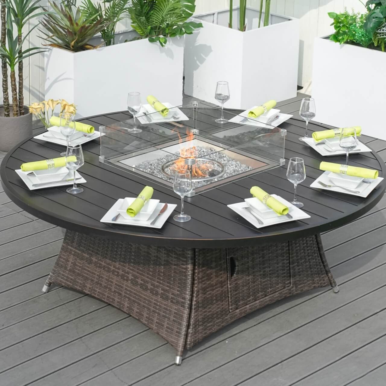 8-Seat Round Fire Pit Set with Aluminium Tabletop & Rattan Chairs