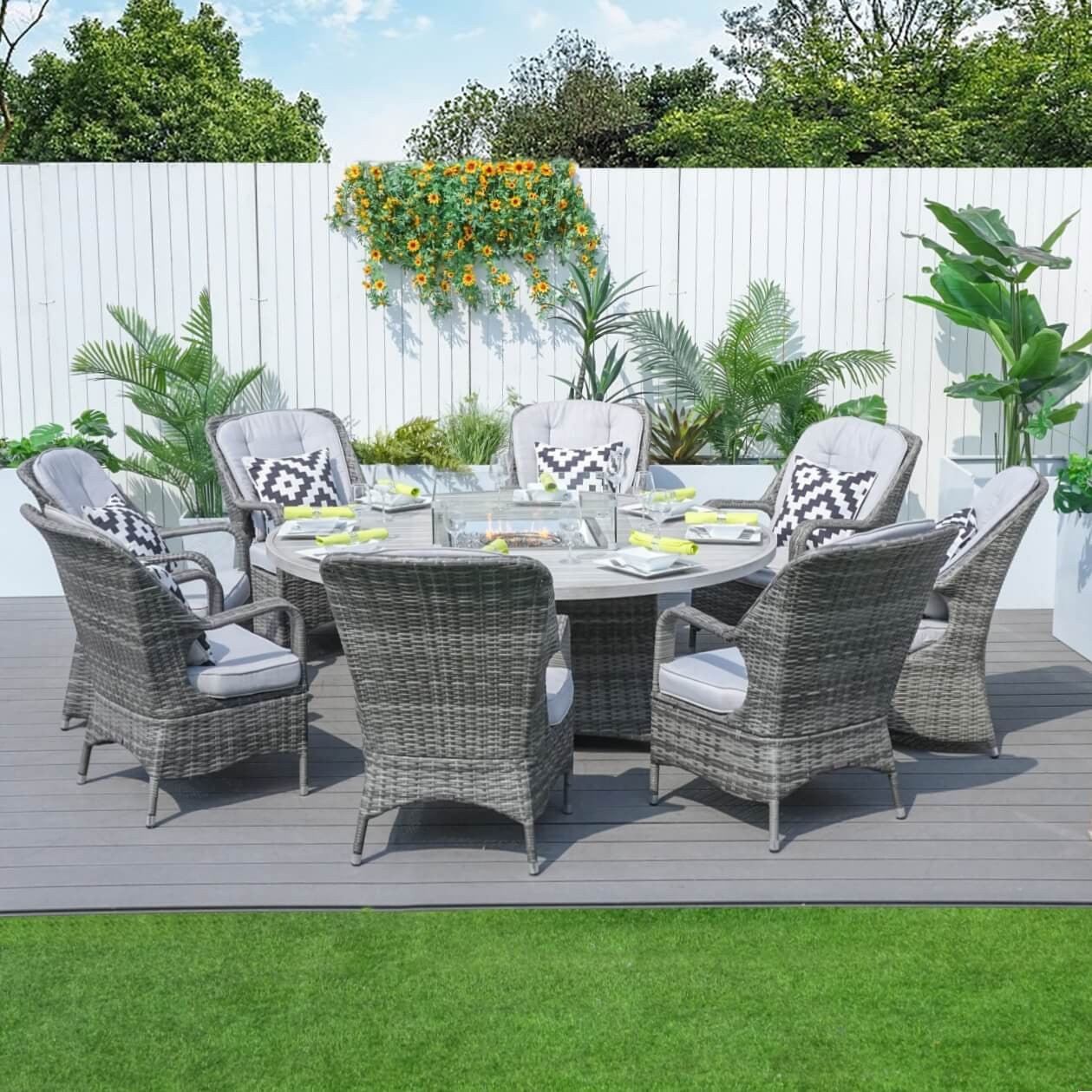 8-Seat Round Fire Pit Set with Aluminium Tabletop & Rattan Chairs