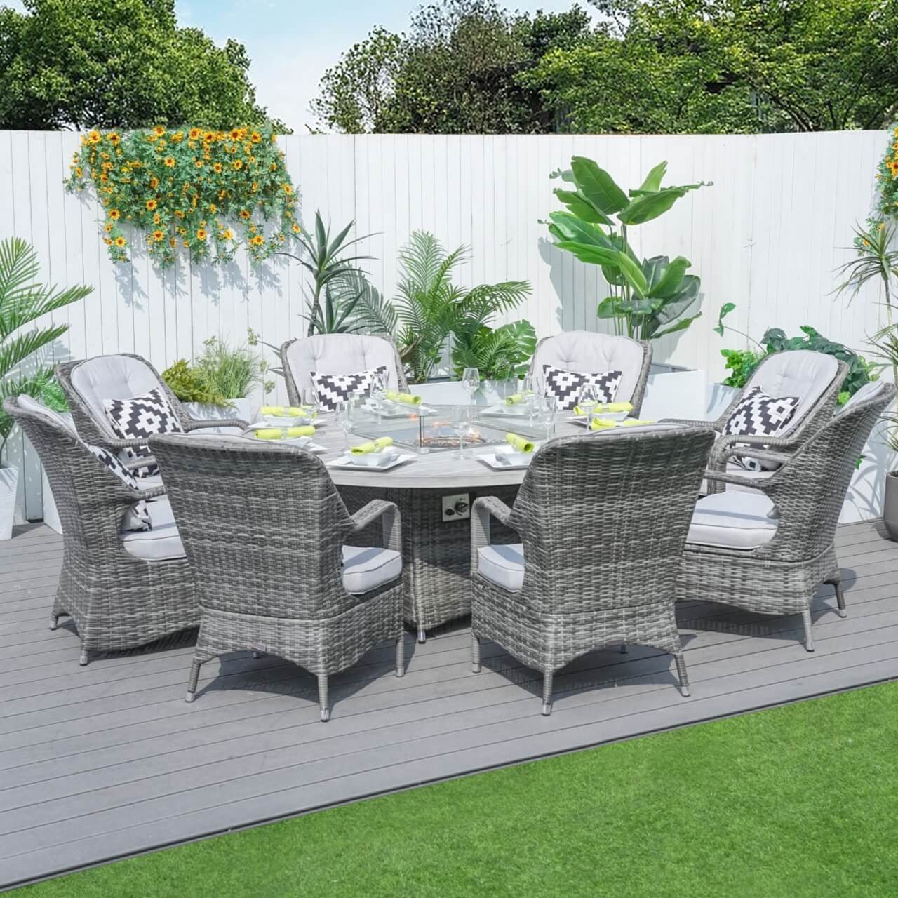 8-Seat Round Fire Pit Set with Aluminium Tabletop & Rattan Chairs