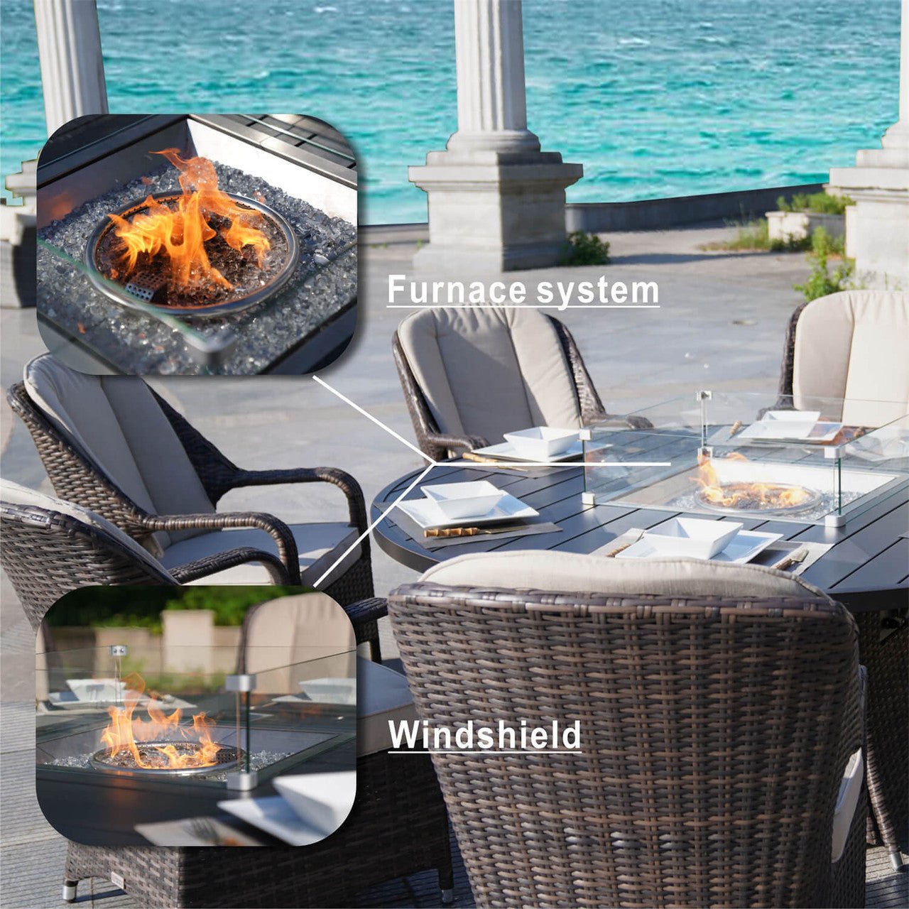 8 - Seater Outdoor Fire Pit Set with Round Table (PAG - 1108A) - Direct Wicker